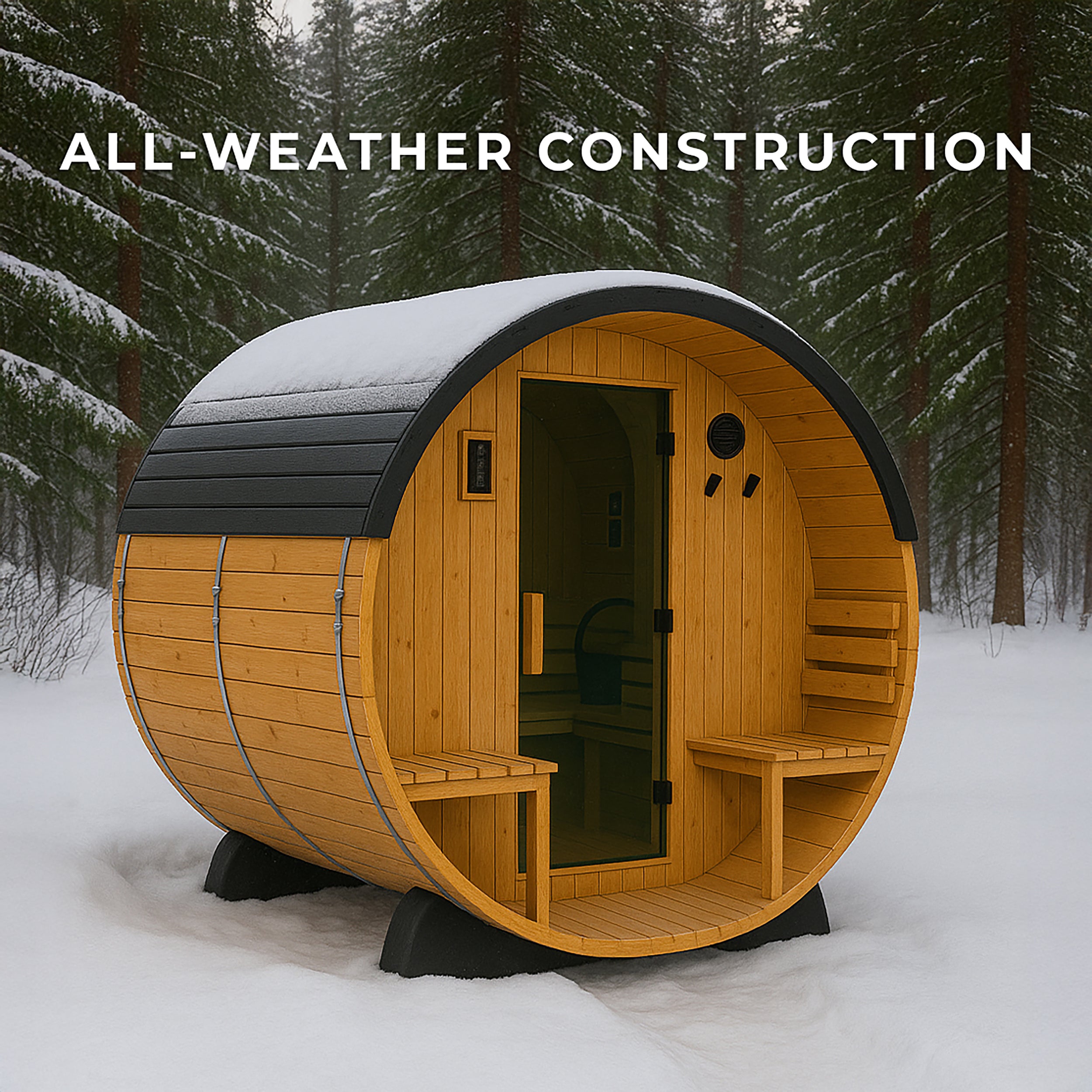 All-weather Paxton outdoor barrel sauna with black steel roof in snowy backyard with front porch