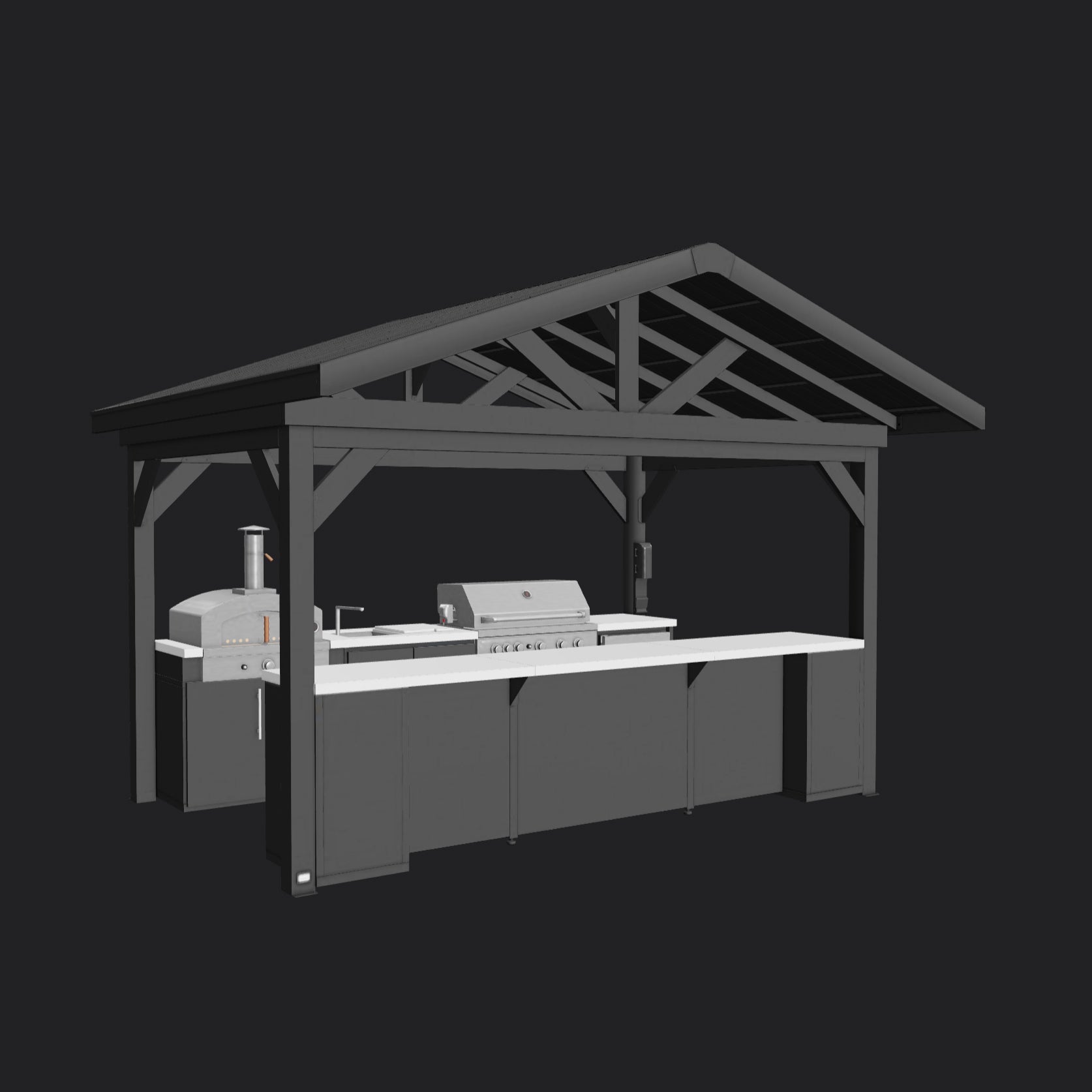 Lancaster covered outdoor kitchen with countertop, built-in grill, pizza oven, and outdoor kitchen storage cabinets.