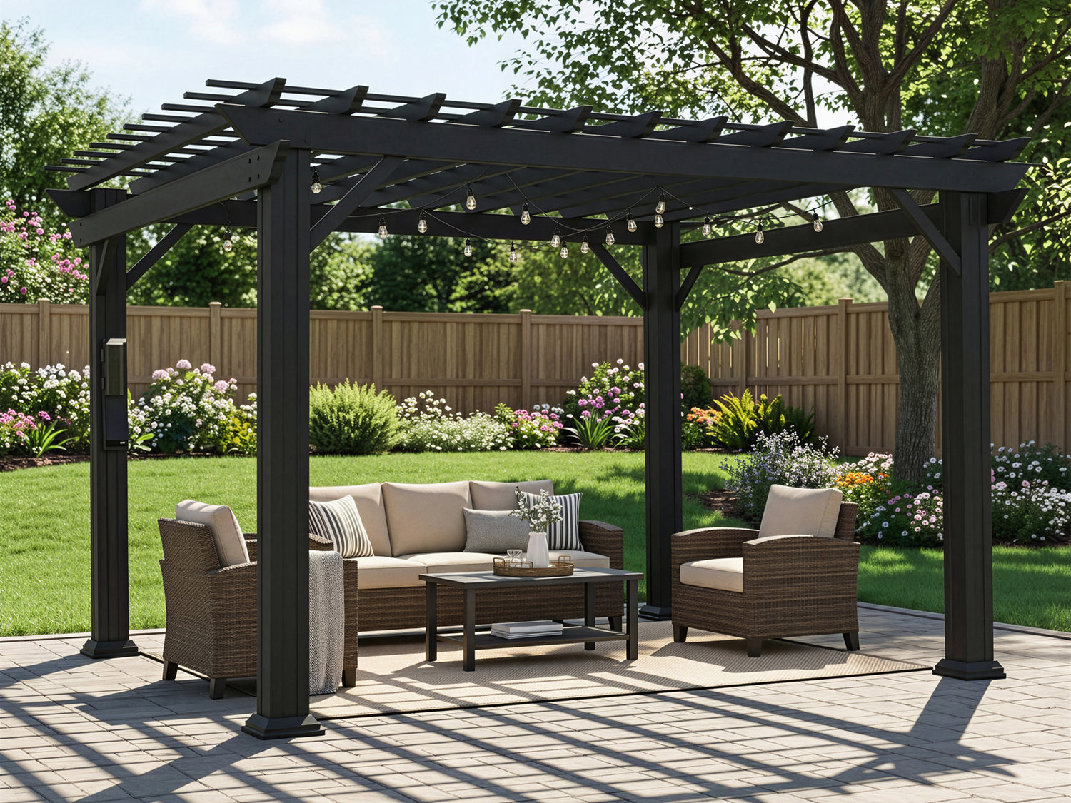 Black metal pergola with open trellis roof and string lights over wicker patio furniture in fenced backyard with gardens.
