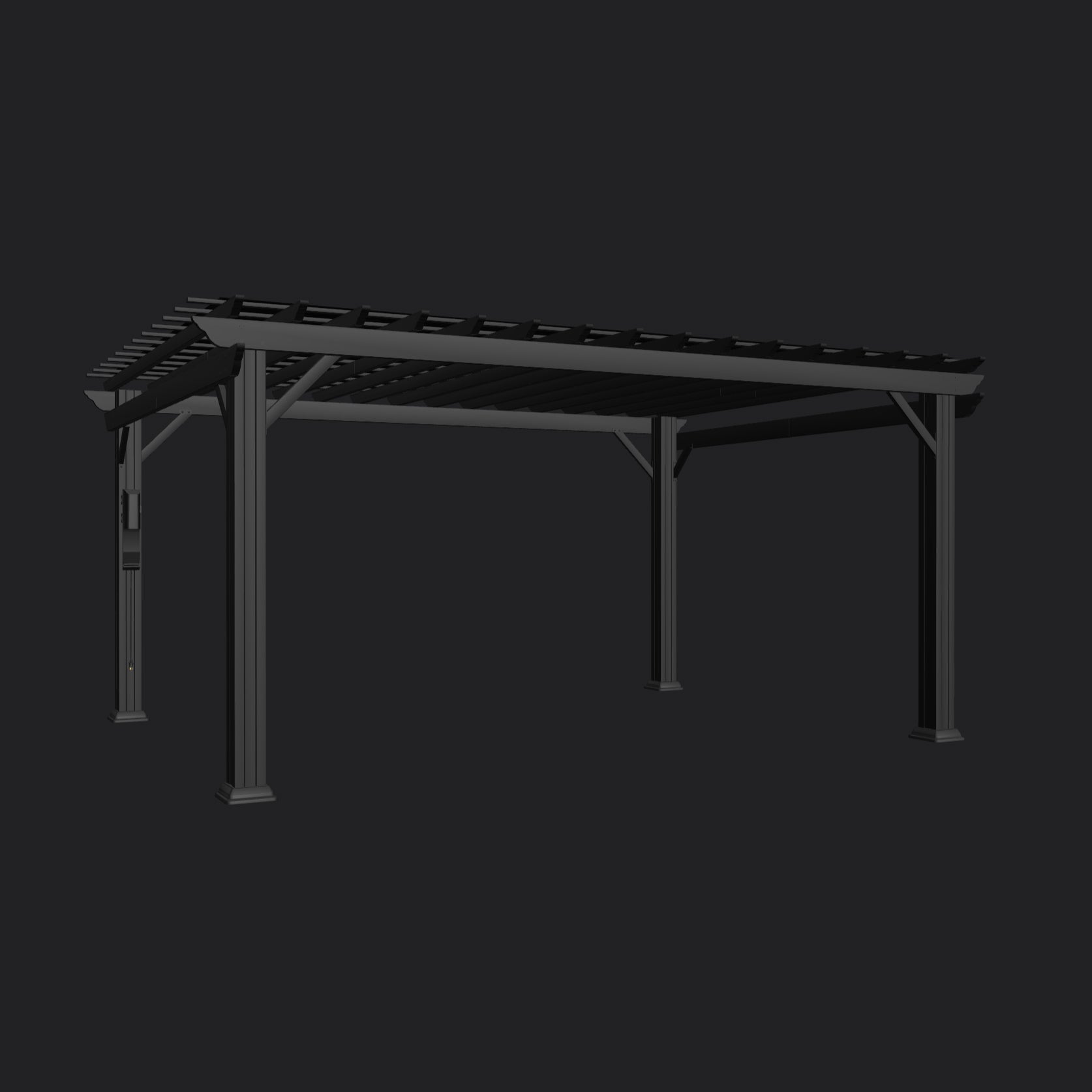 Black powder-coated steel Stratford deck pergola with trellis roof and four corner posts on dark background.