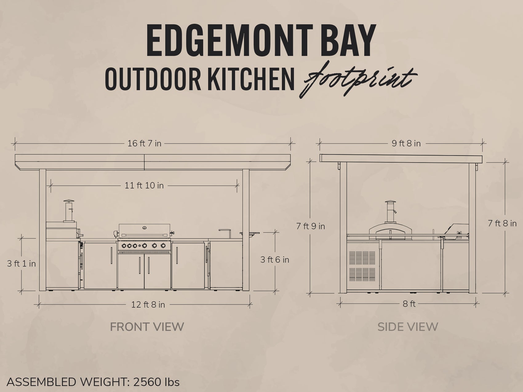 Diagram of Edgemont Bay outdoor kitchen layout with dimensions on a beige background