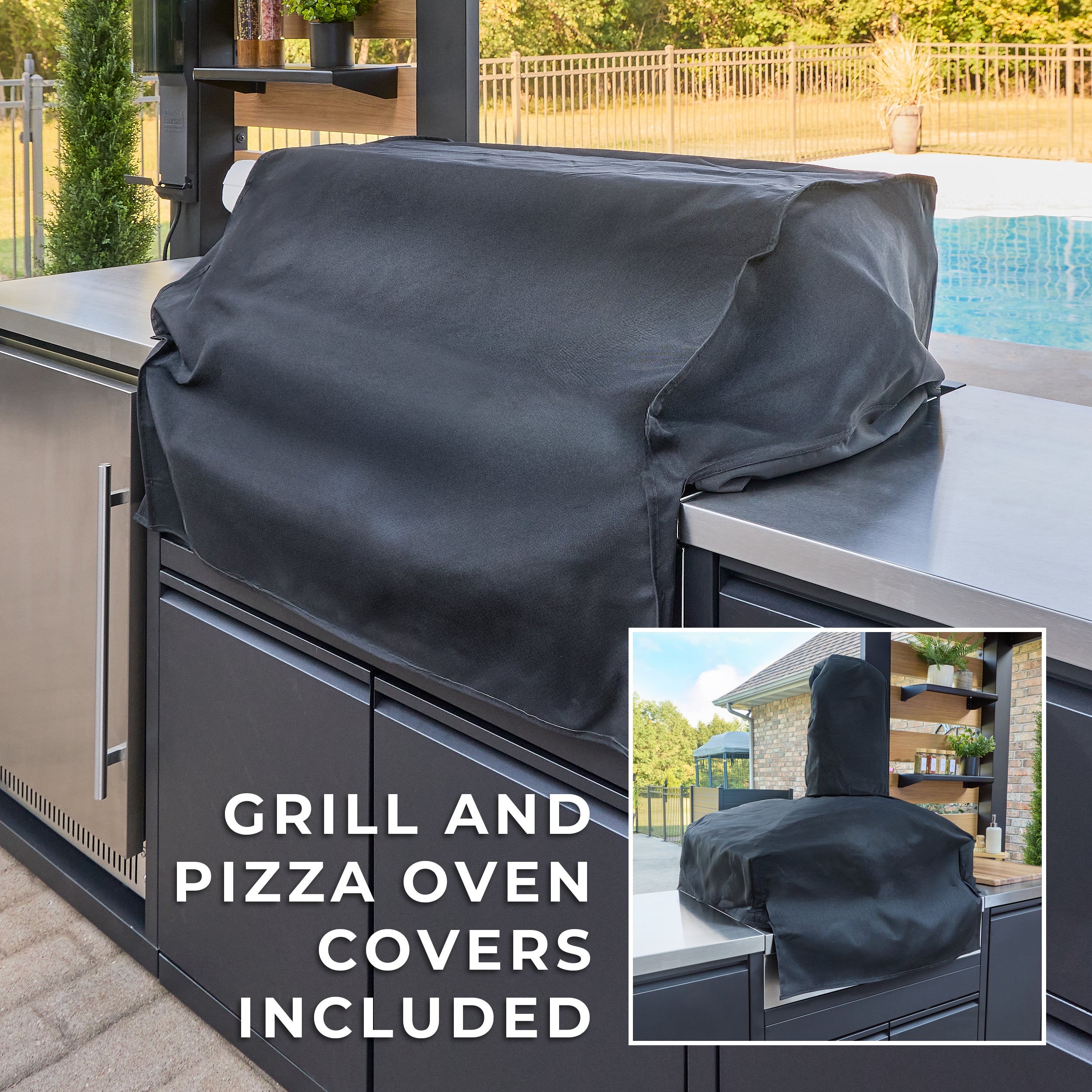 Fusion Flame 2 Outdoor Kitchen with Grill, Pizza Oven, and Refrigerator