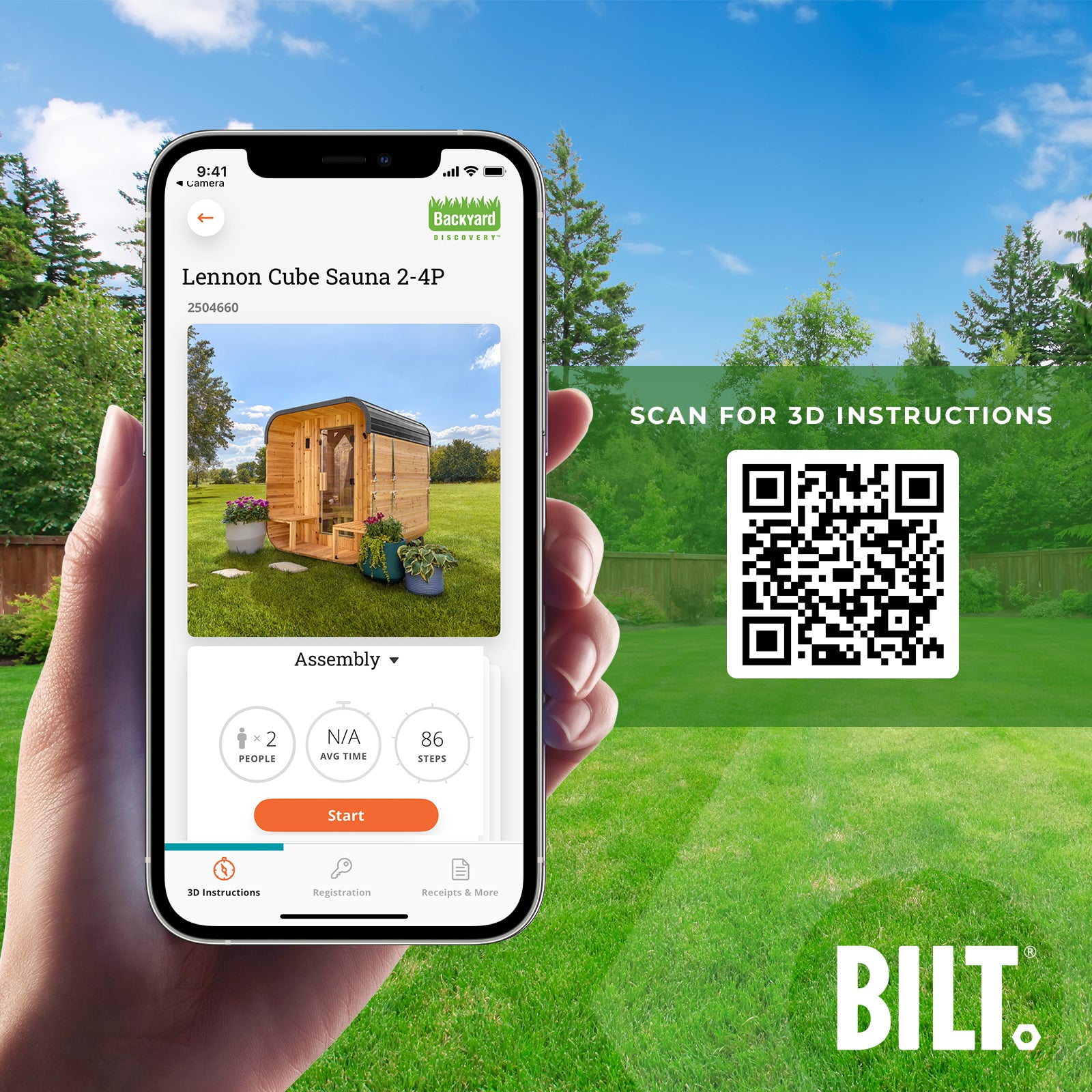 BILT app step-by-step guide for Lennon 2-4 person cube sauna kit with 3D instructions for DIY assembly