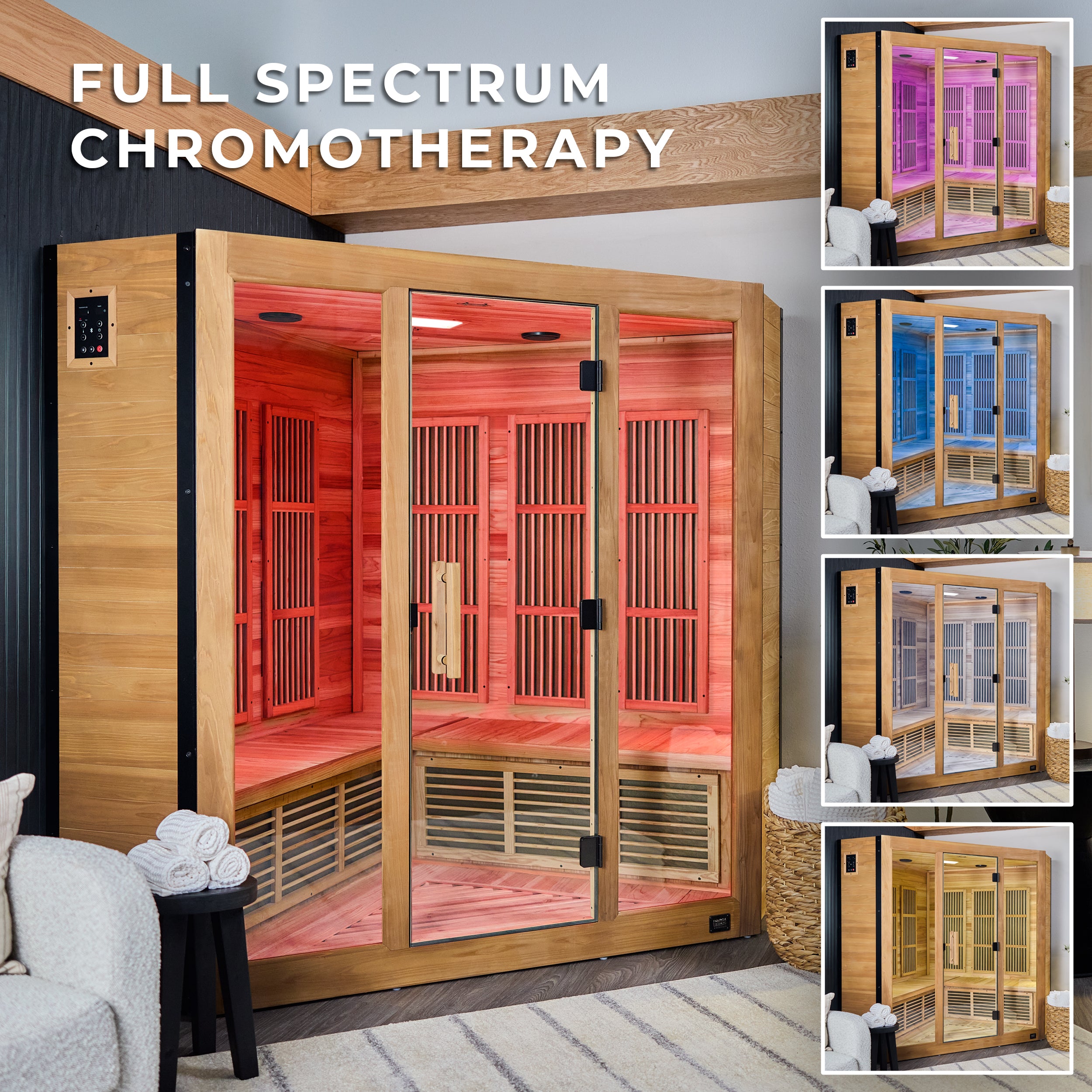 Full spectrum infrared indoor corner sauna with chromotherapy showing red purple blue and warm white lighting