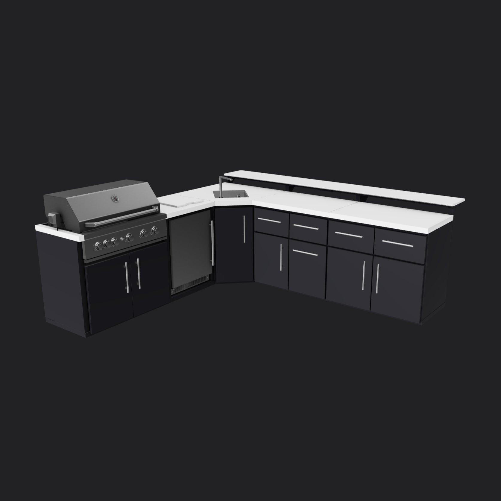 Emory l-shaped outdoor kitchen configuration with black powder-coated steel cabinets, built-in grill.
