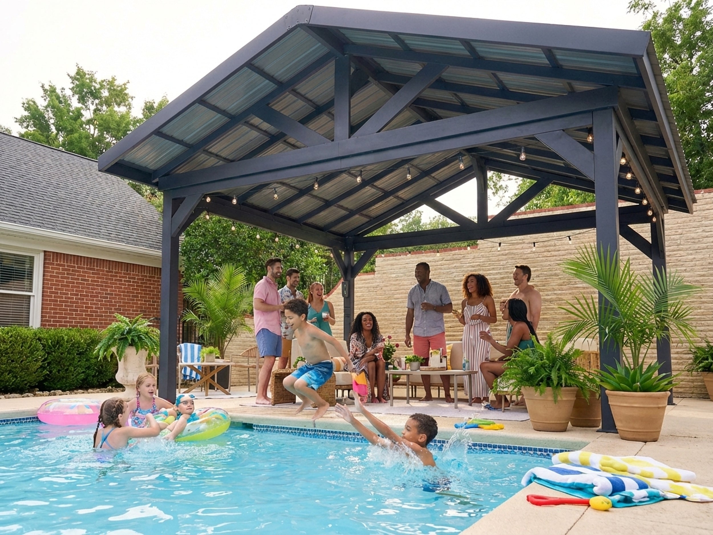 Steel Lancaster deck gazebo with polycarbonate roof over poolside patio where families gather for outdoor entertaining.