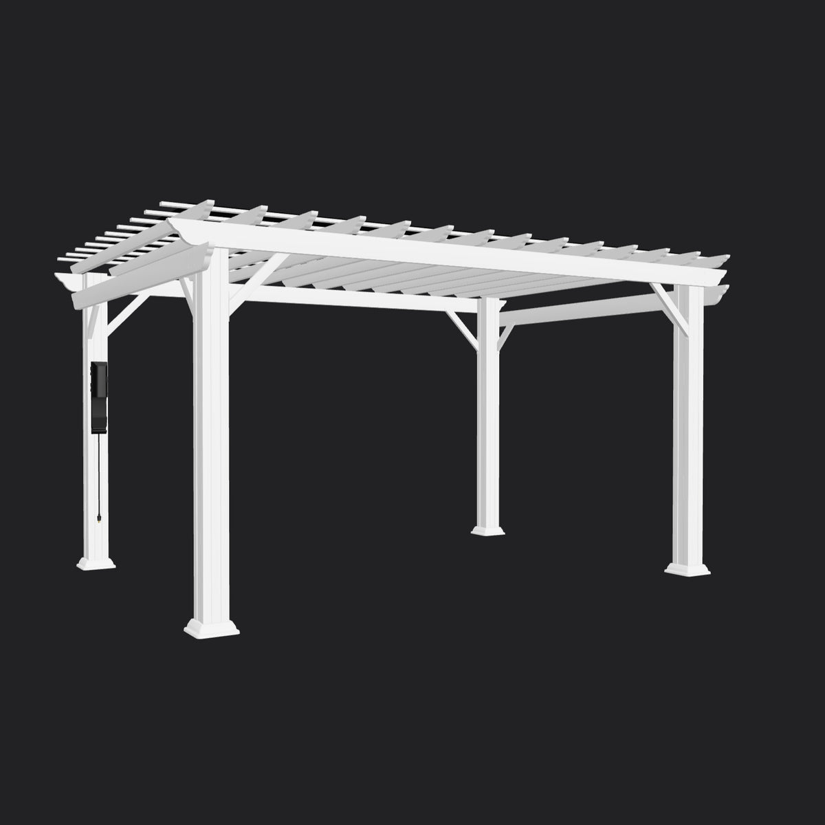 White metal Stratford pergola with trellis roof and six support posts, with decorative brackets on dark background.