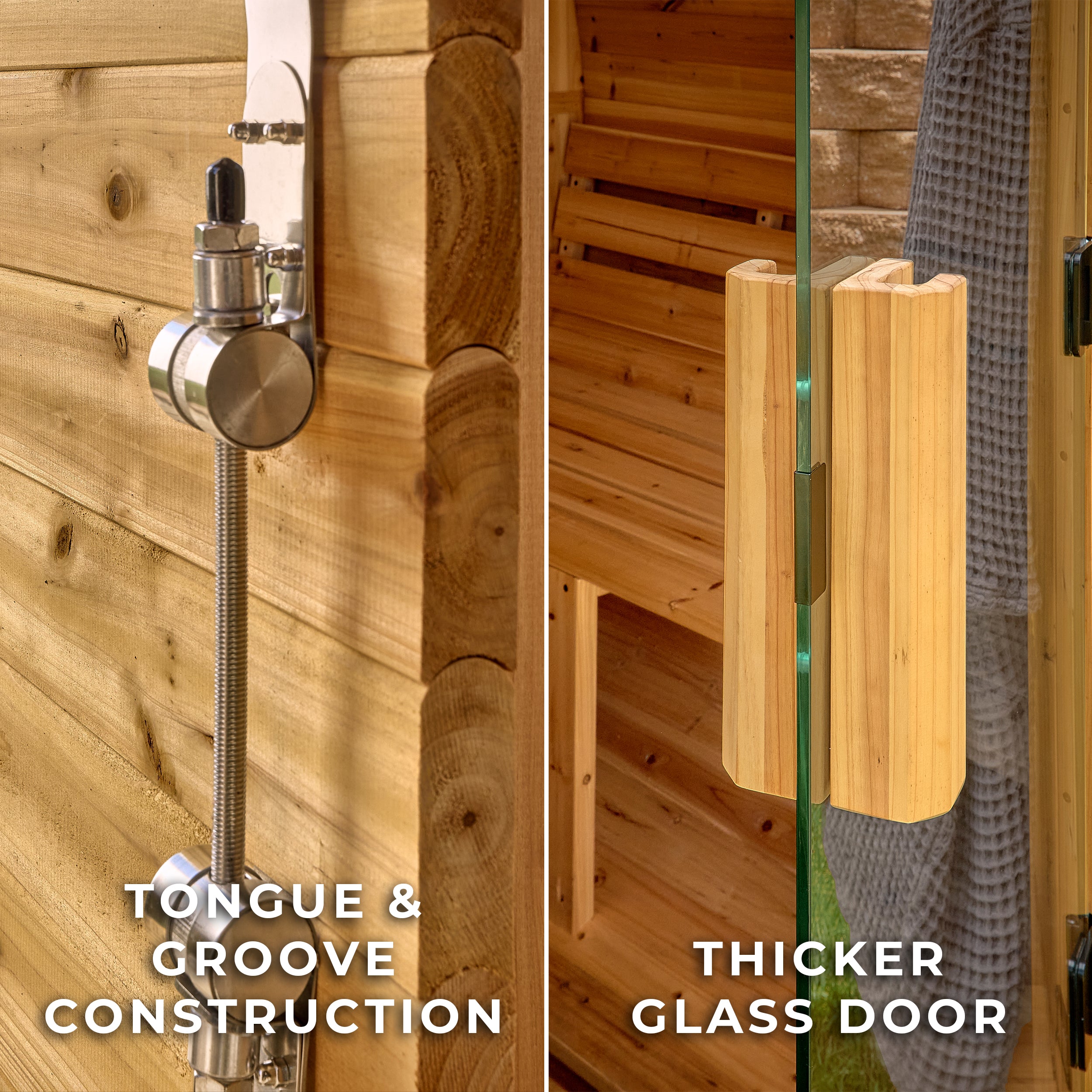 Lennon 2-4 person cube sauna tongue and groove wood cedar construction with tempered glass door close-up