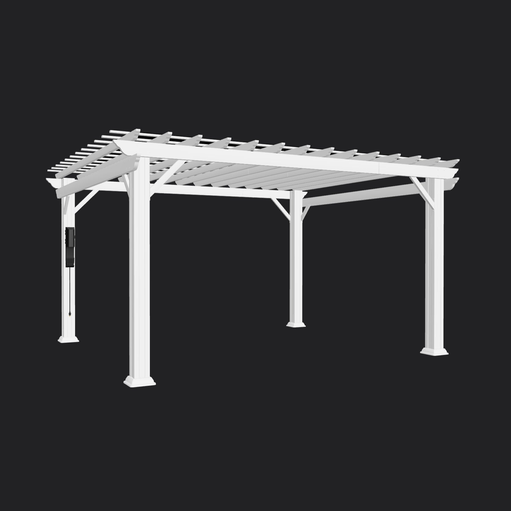 White powder-coated steel Stratford pergola with open trellis roof and four corner posts on dark background.