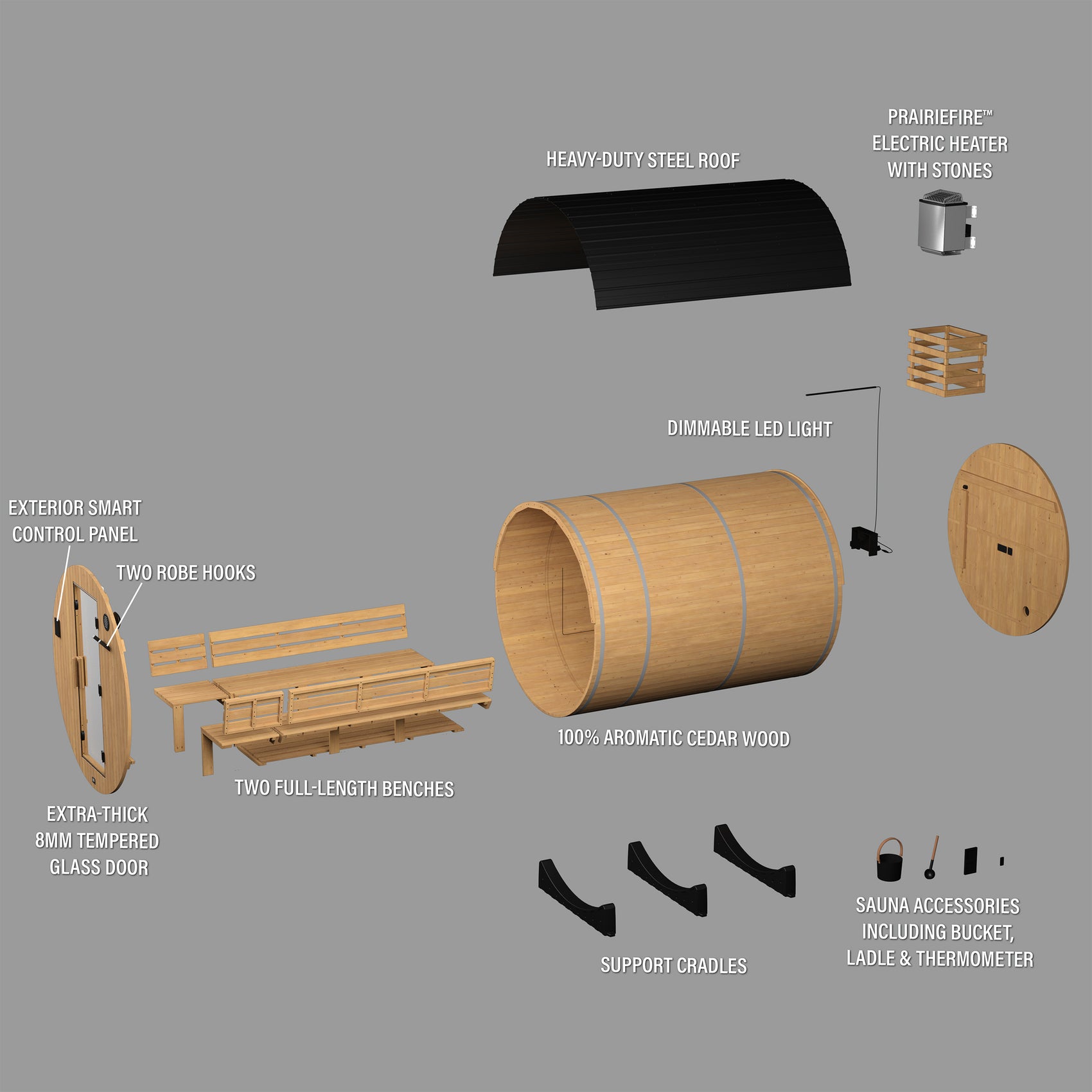Diagram of 4-6 person Paxton barrel sauna kit showing steel roof, heater, glass door, accessories, and front porch