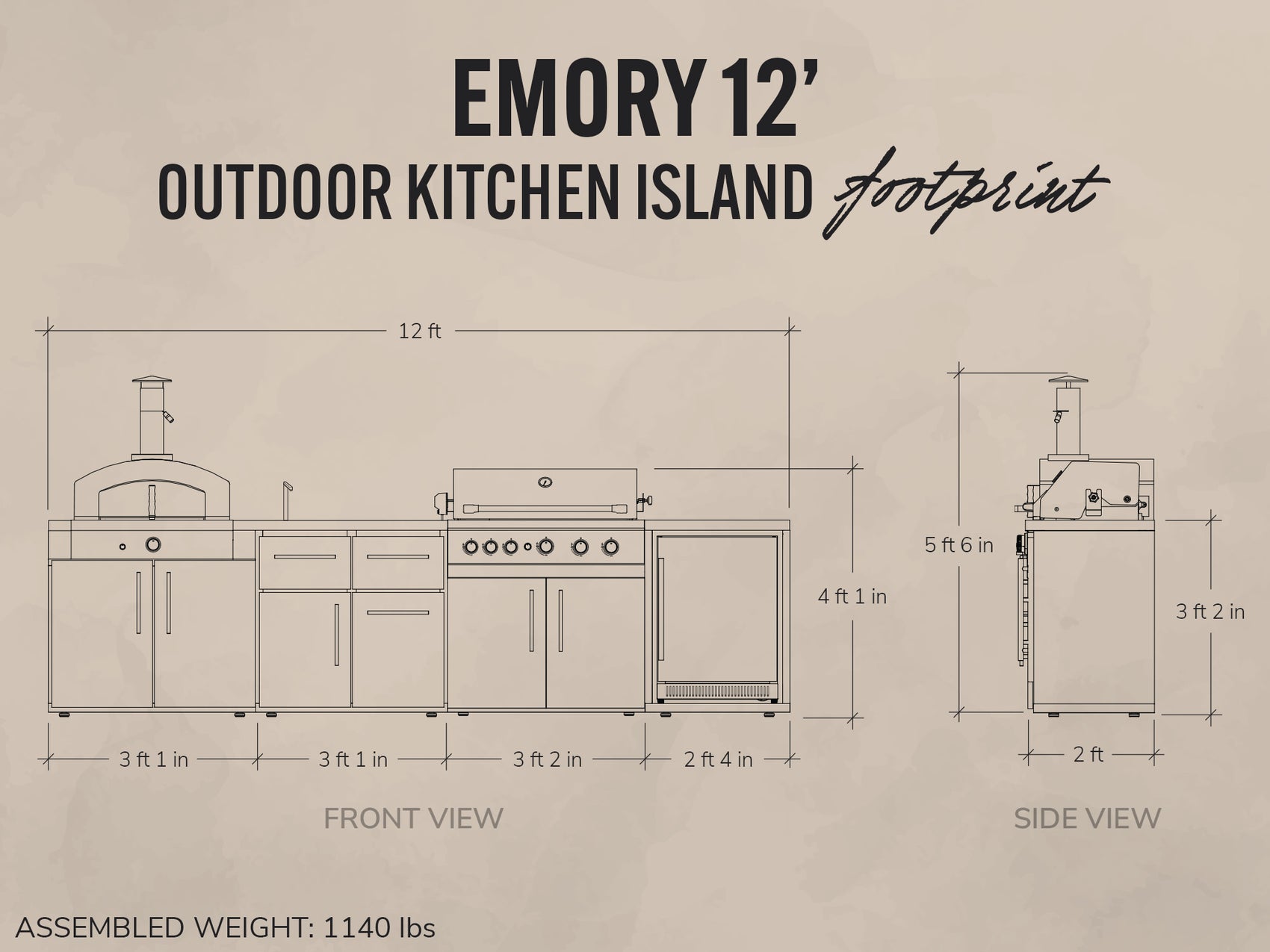 Diagram of an outdoor kitchen island named 'Emory 12' with dimensions and assembly weight on a beige background.
