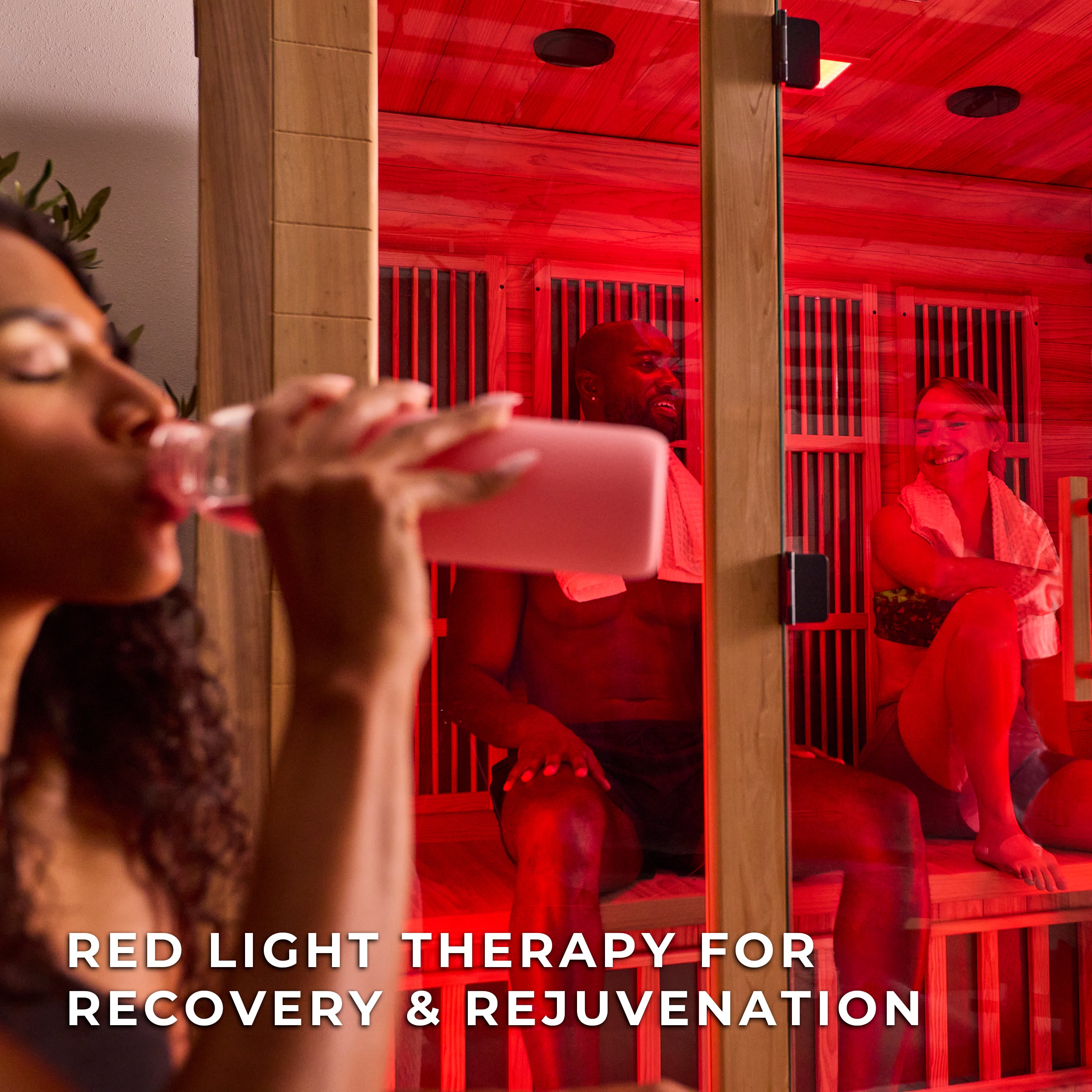 Rylan 4-person indoor infrared home sauna with blue chromotherapy lighting in modern setting