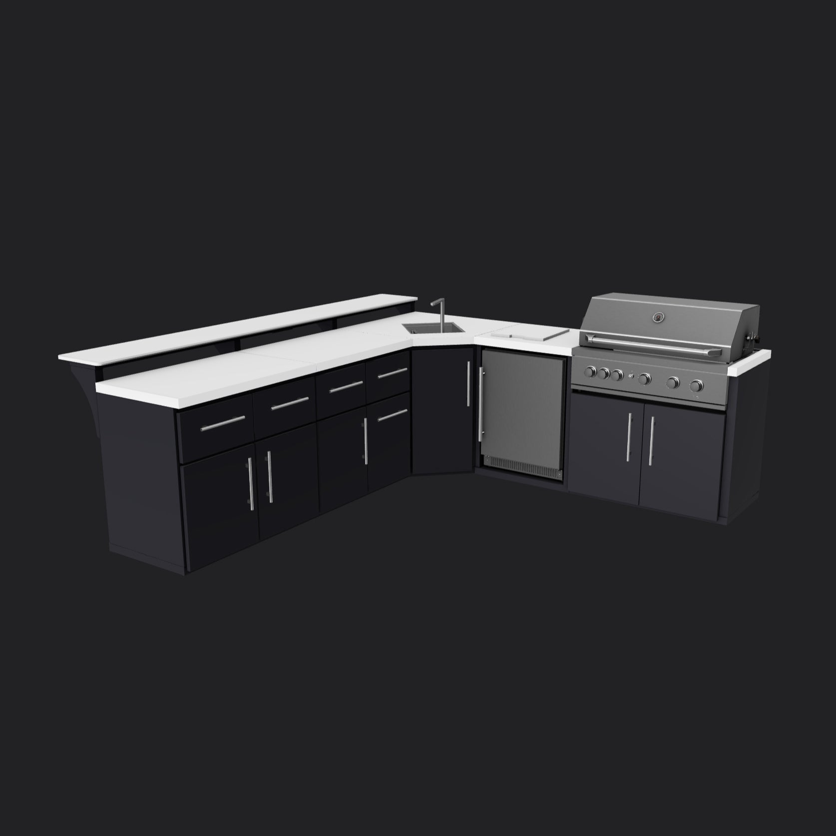 Emory l-shaped outdoor kitchen with black cabinets, white engineered stone countertop, sink, built-in grill.