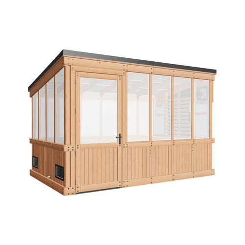 3D model preview of a 12x7 cedar greenhouse for viewing in your backyard with AR.