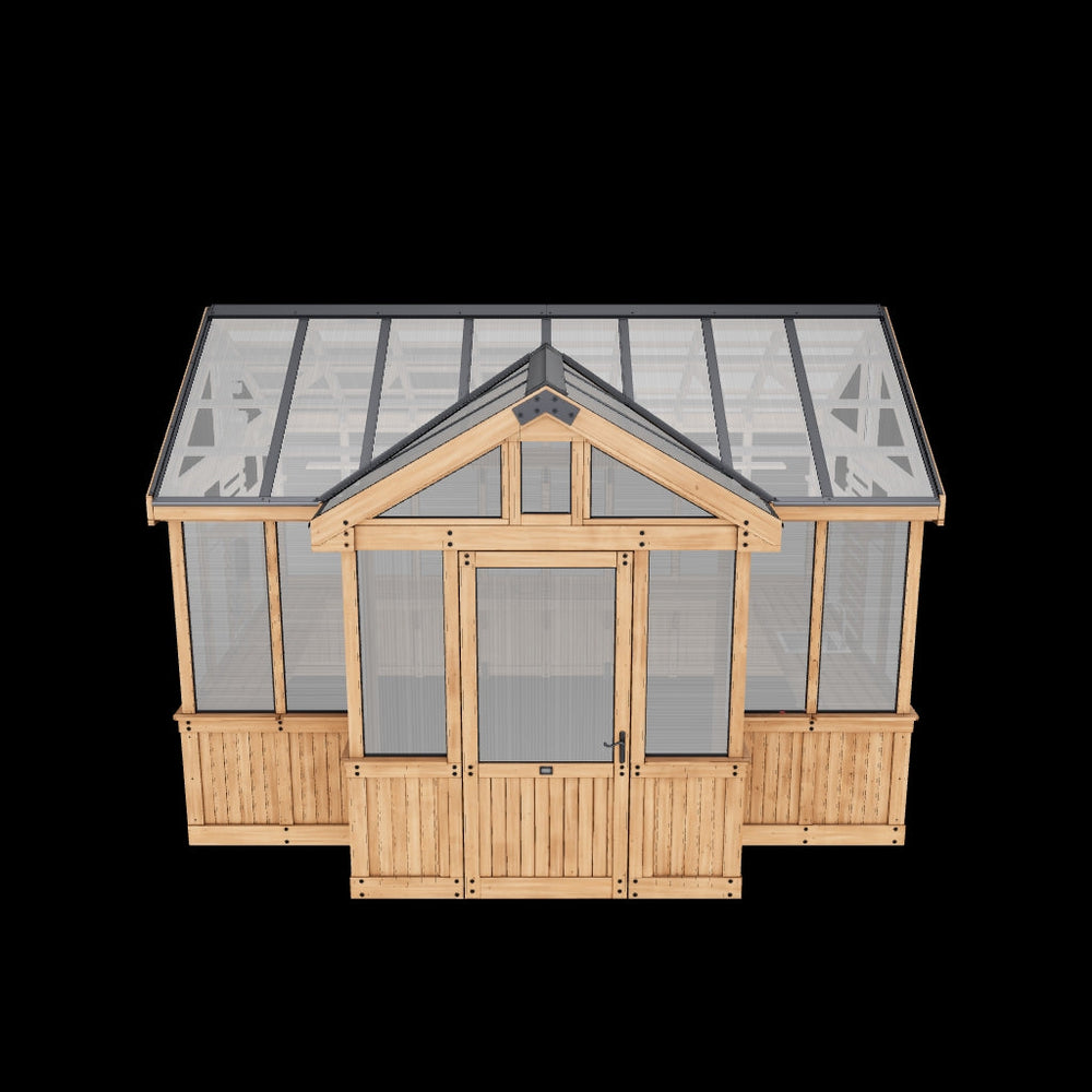 3D model preview of a 14x12 cedar greenhouse for viewing in your backyard with AR.