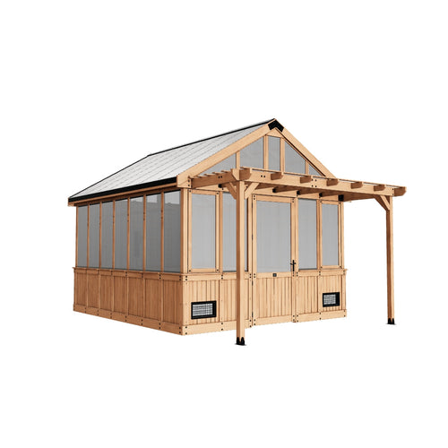 3D model preview of a cedar greenhouse for viewing in your backyard with AR.