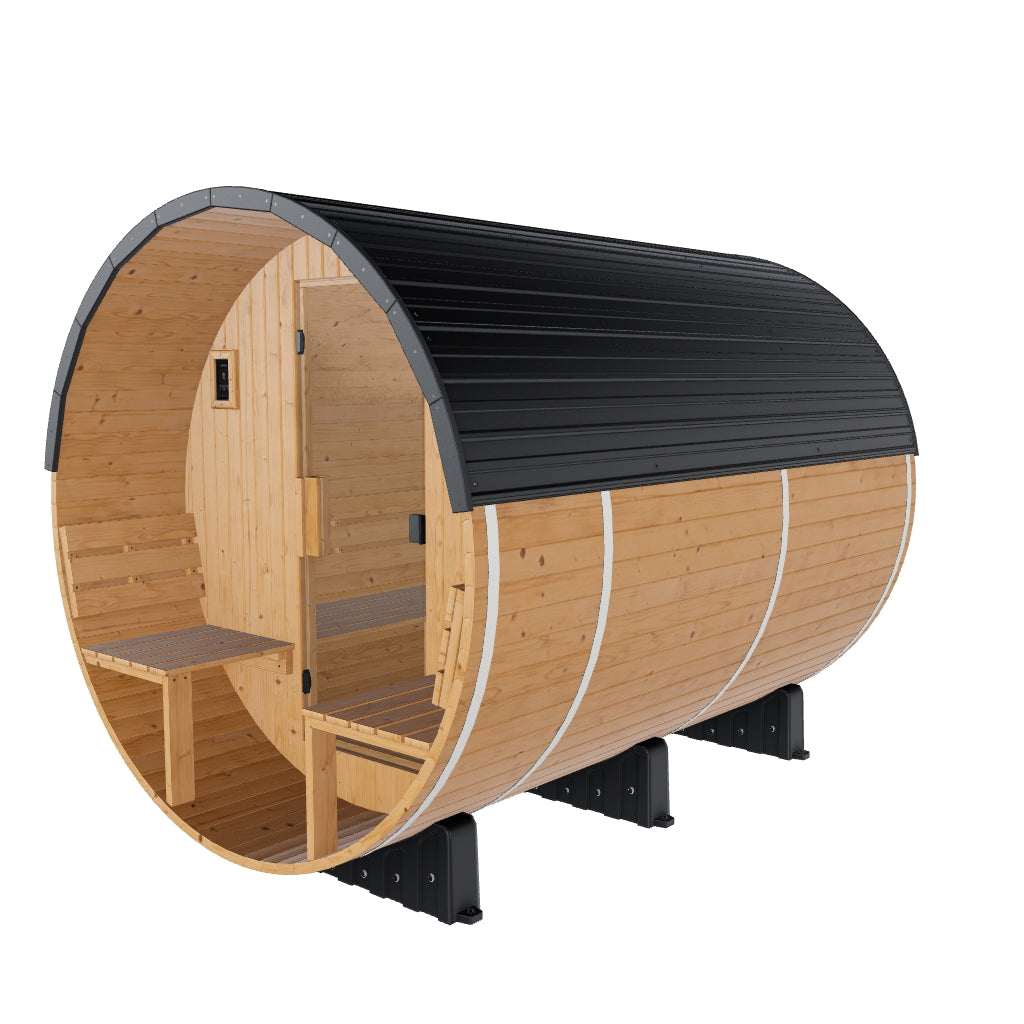 Paxton Outdoor Barrel Sauna with Porch – 4-6 Person | stacked