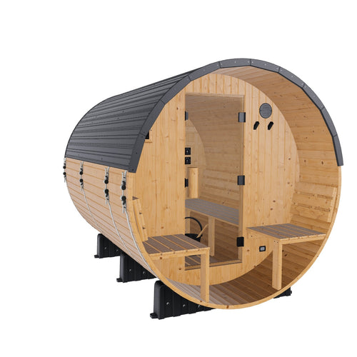 Paxton Outdoor Barrel Sauna with Porch – 4-6 Person | stacked