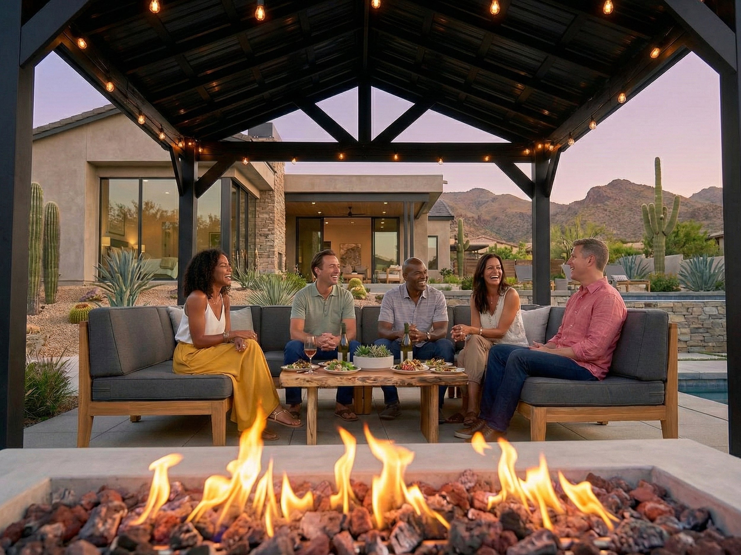 Steel gazebo with hardtop roof and string lights sheltering outdoor seating area with fire pit and desert mountain views.