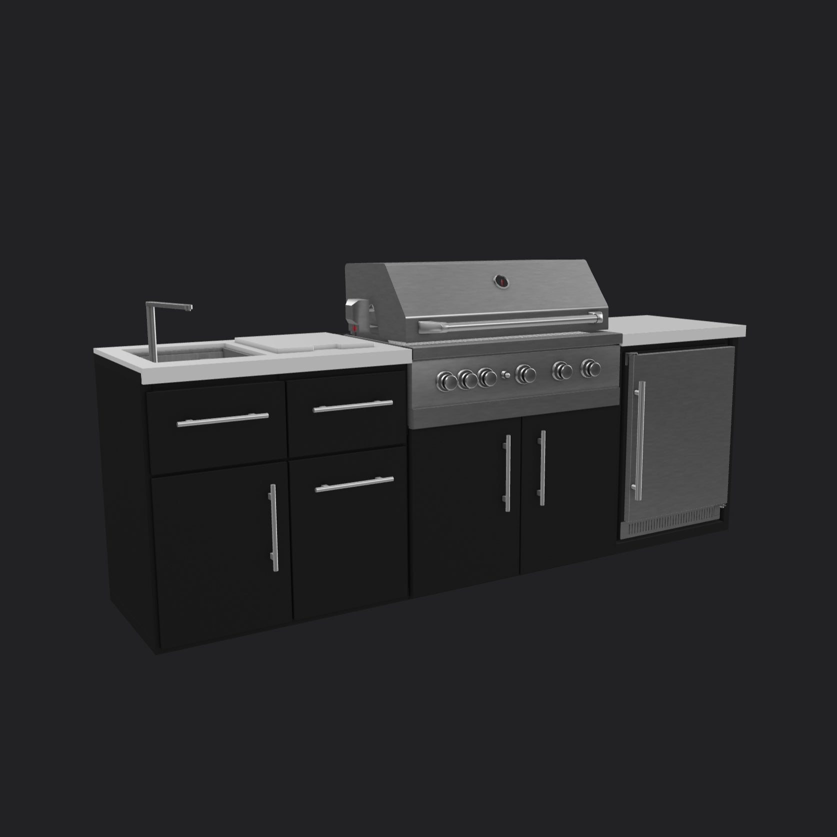 Range Outdoor Living Emory kitchen island cabinets in black with stainless grill, sink station, storage drawers.