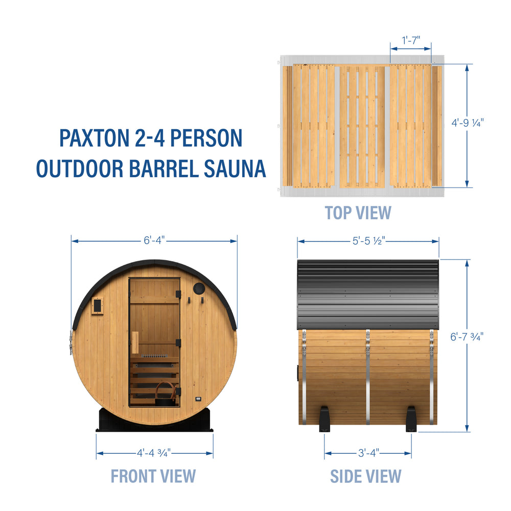 Paxton 2-4 person outdoor barrel cedar sauna dimension diagram with measurements | stacked