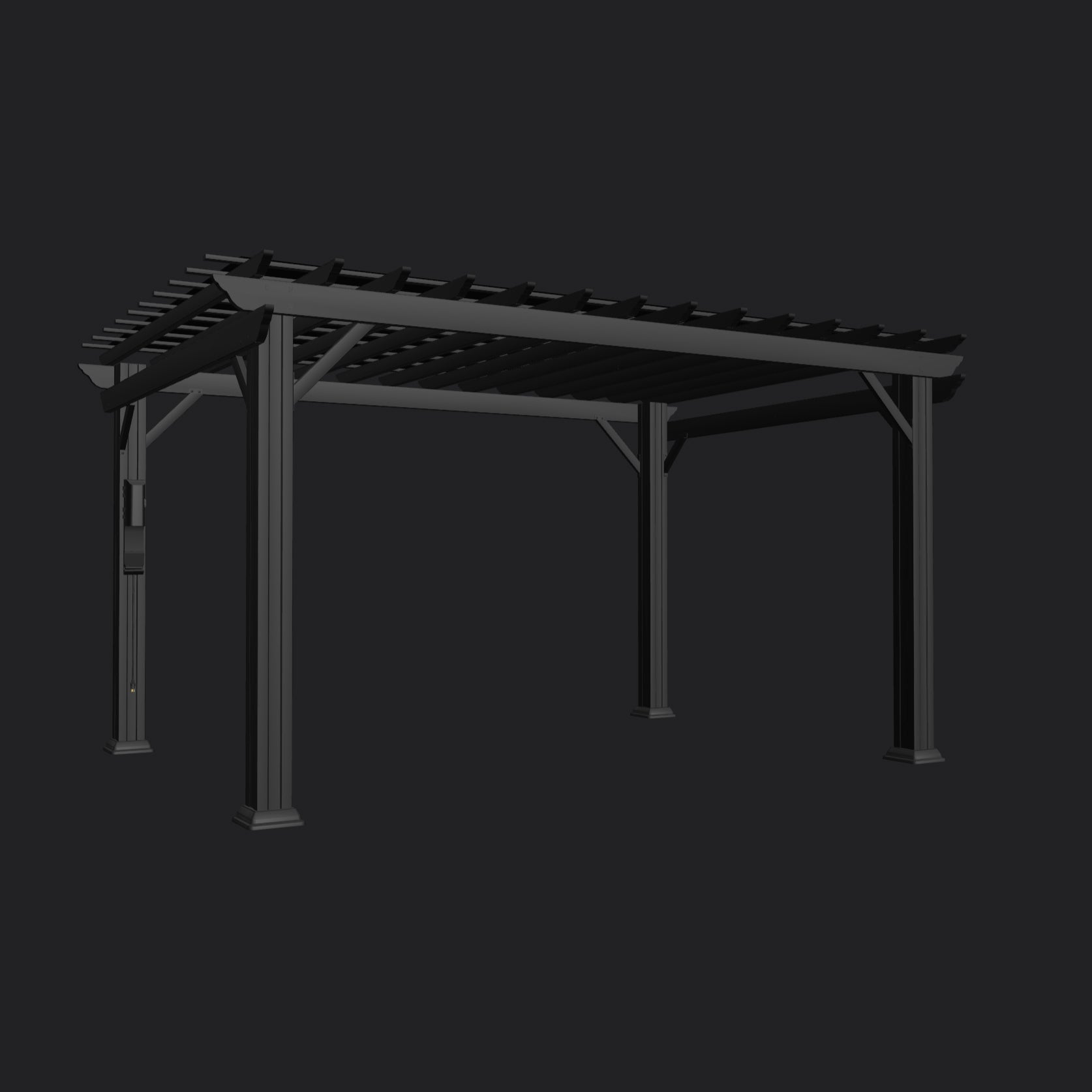 Black powder-coated steel Stratford pergola with roof with open trellis design and decorative support posts.