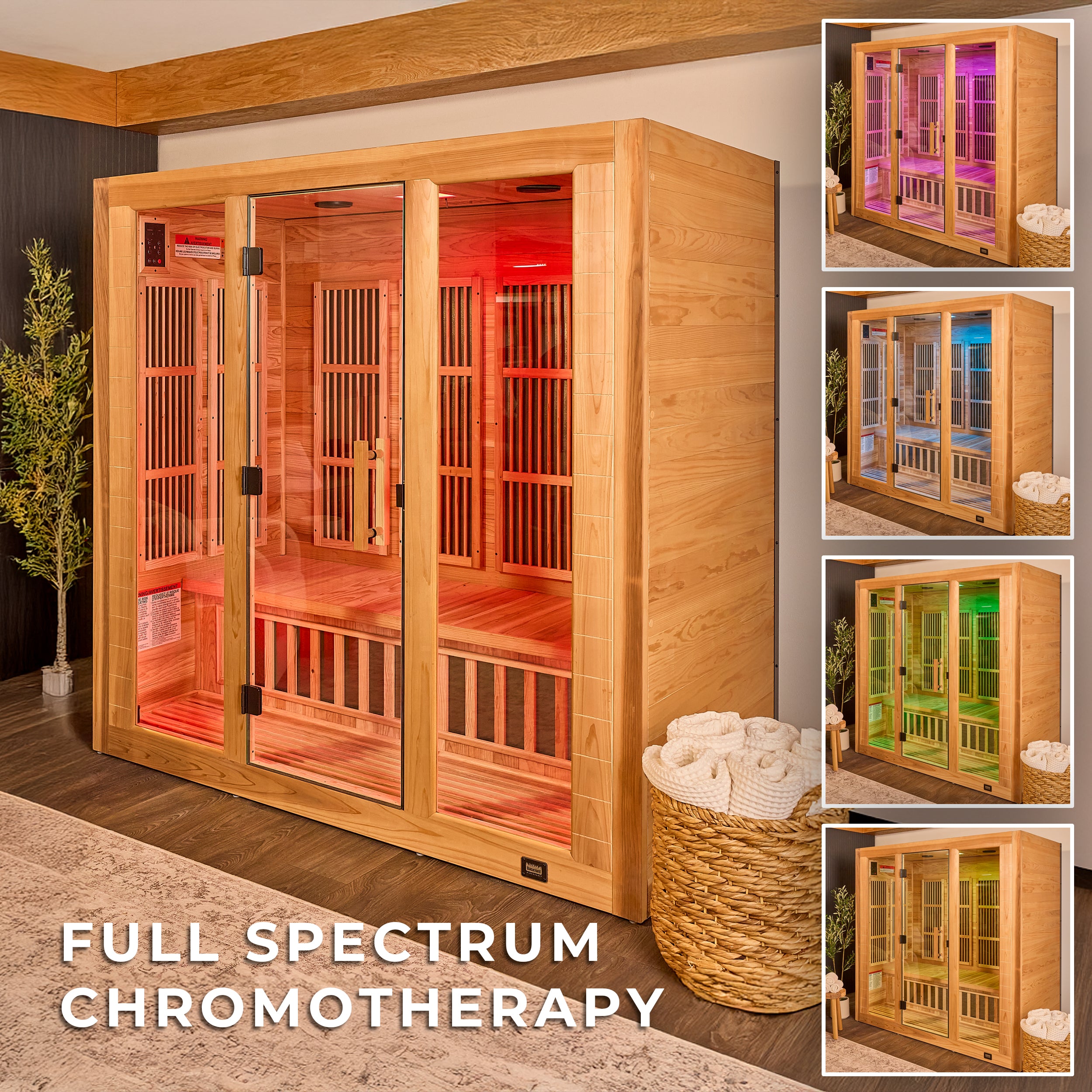 Rylan indoor infrared 4 person home sauna with full spectrum chromotherapy lighting showing color options