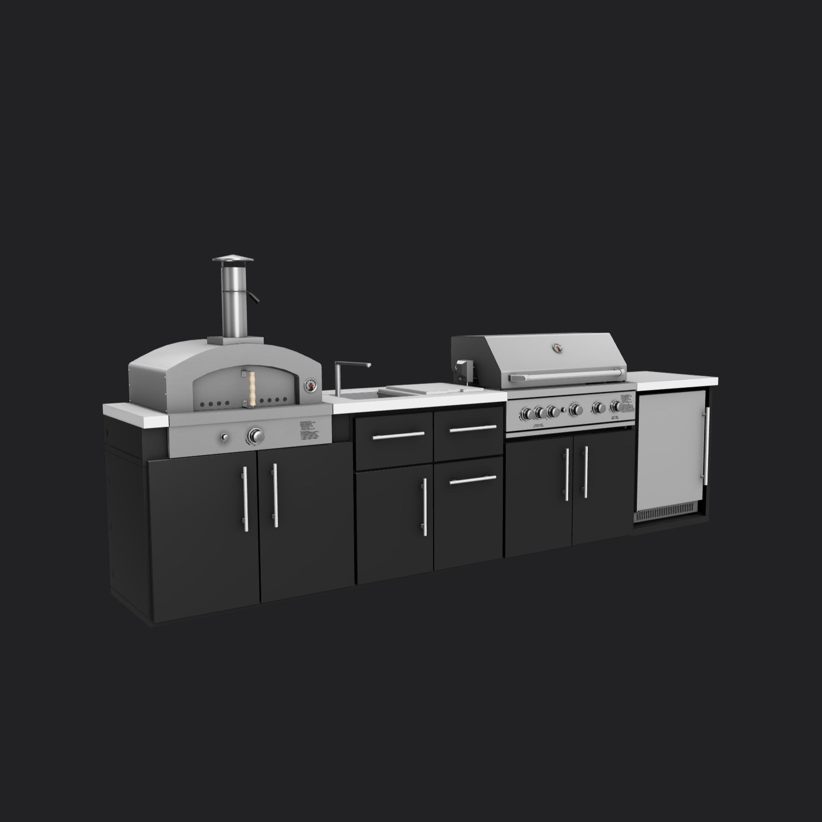Emory outdoor kitchen cabinets in black powder-coated steel with silver bar handle and engineered stone countertop.