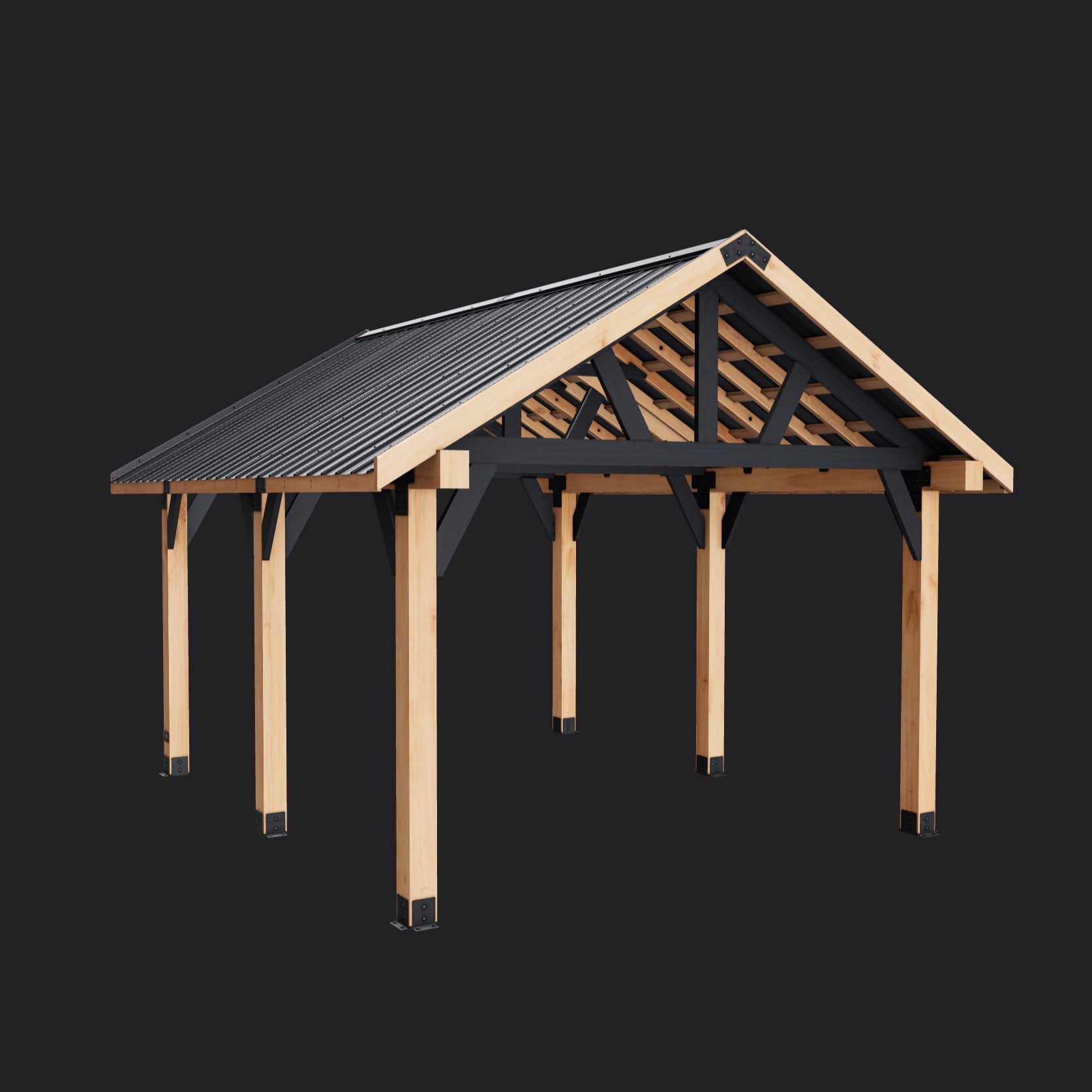 Lodge cedar gazebo with metal roof with powder-coated black beams and natural wood posts on dark background.