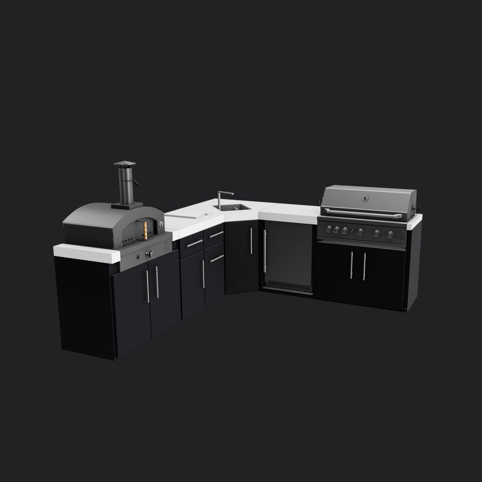 Emory outdoor kitchen island with black powder-coated steel cabinets with kitchen storage compartments.