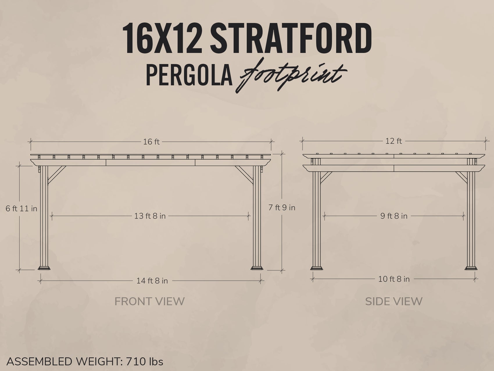 Dimensions of a 16x12 Stratford pergola on a beige background