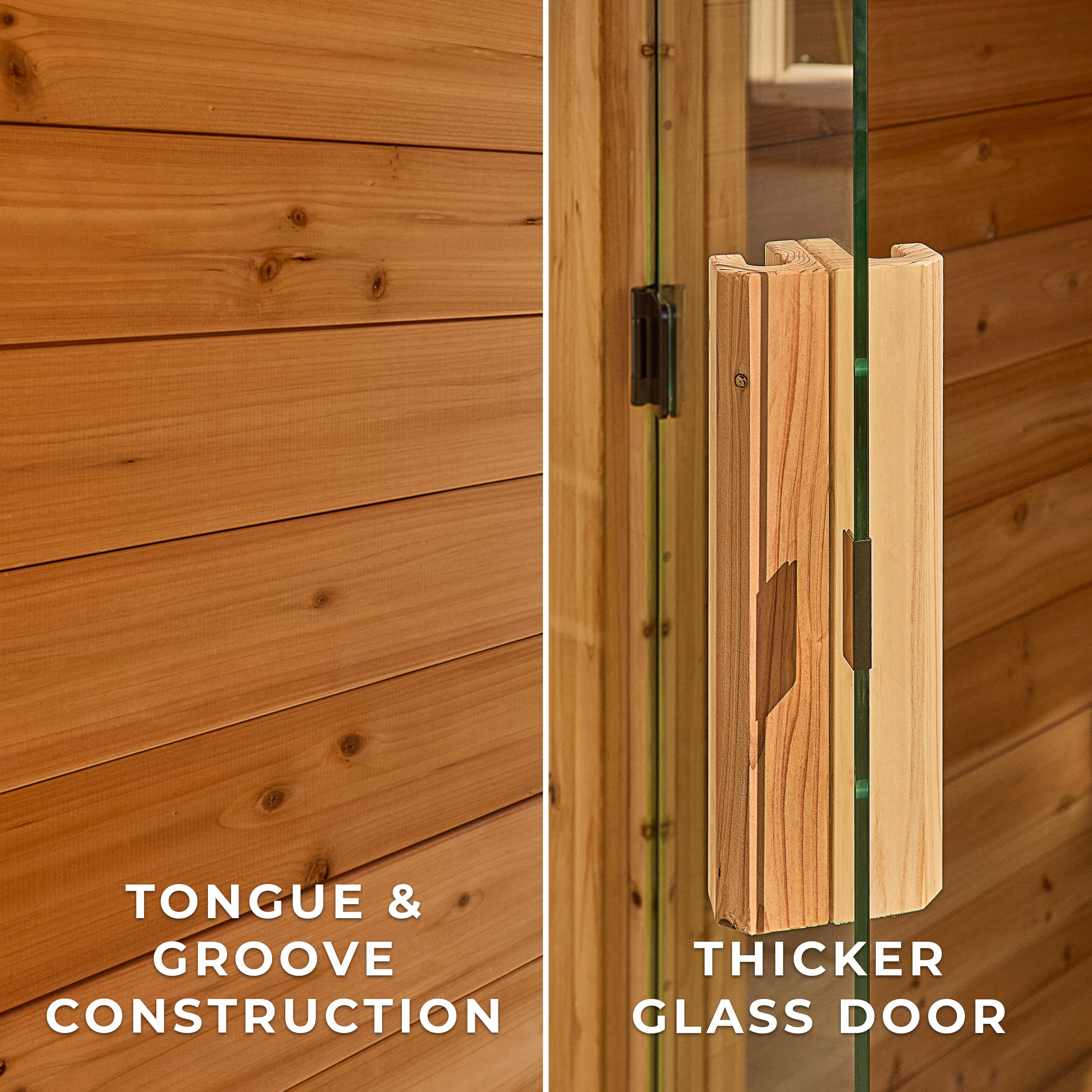 Henley 4-6 person cabin sauna tongue and groove wood cedar construction with tempered glass door close-up