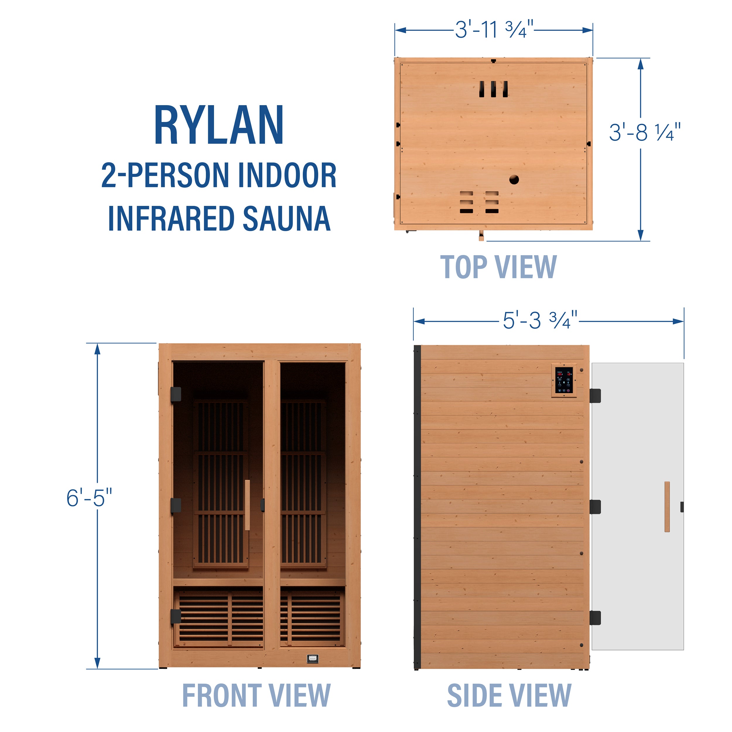 Technical diagram of Rylan 2 person indoor infrared cedar sauna showing top, front, and side view dimensions