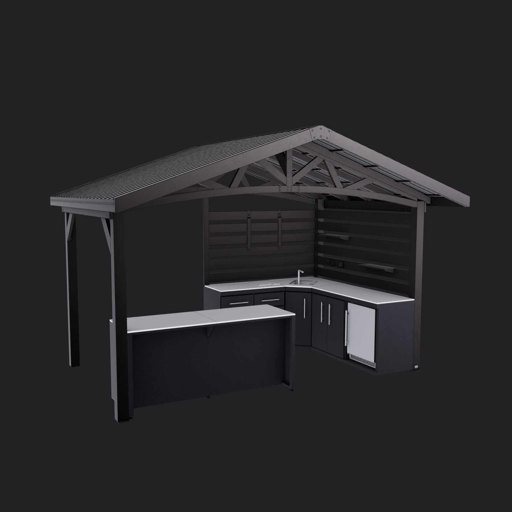 Langston covered outdoor kitchen with L-shaped countertop, sink, outdoor cabinet storage, and open seating table.