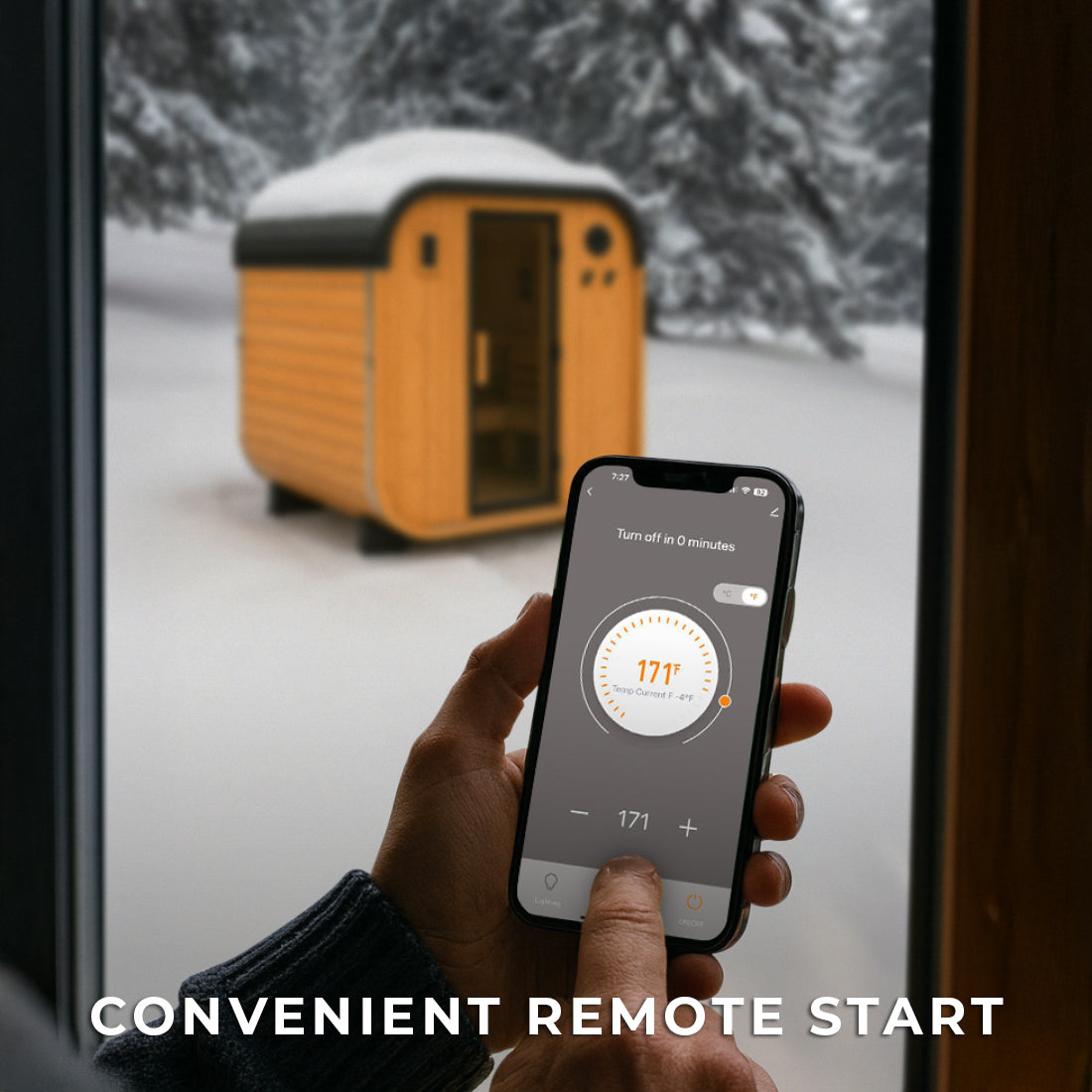 Person remote preheating Lennon 2-4 person outdoor cube sauna temperature via smartphone app