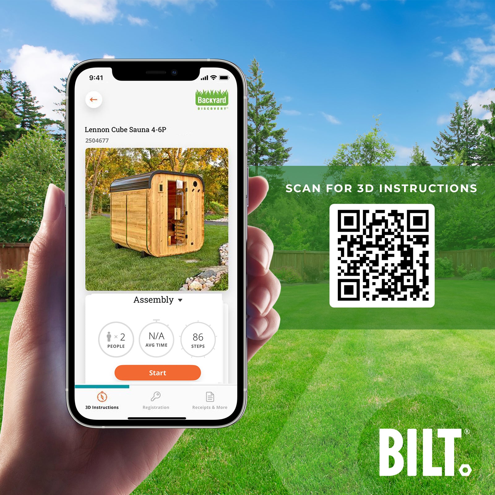BILT app 3D assembly guide for DIY sauna kit build with step-by-step instructions for Lennon 4-6 person outdoor sauna