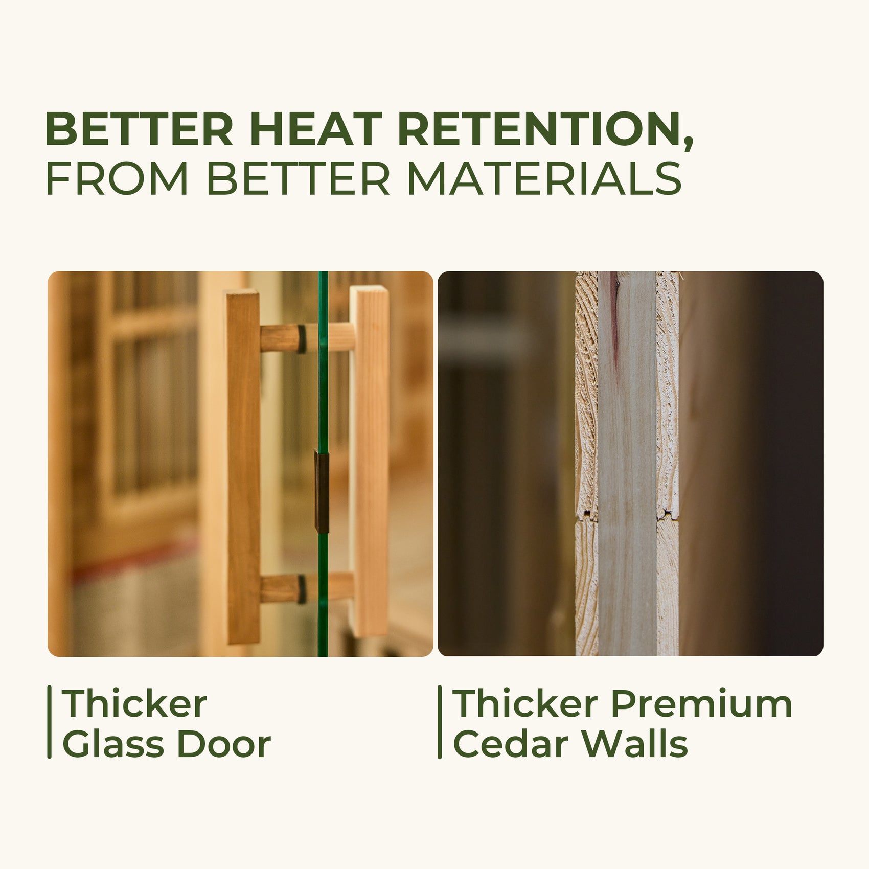 Material thickness comparison infographic for Rylan 4 person corner infrared sauna glass and cedar