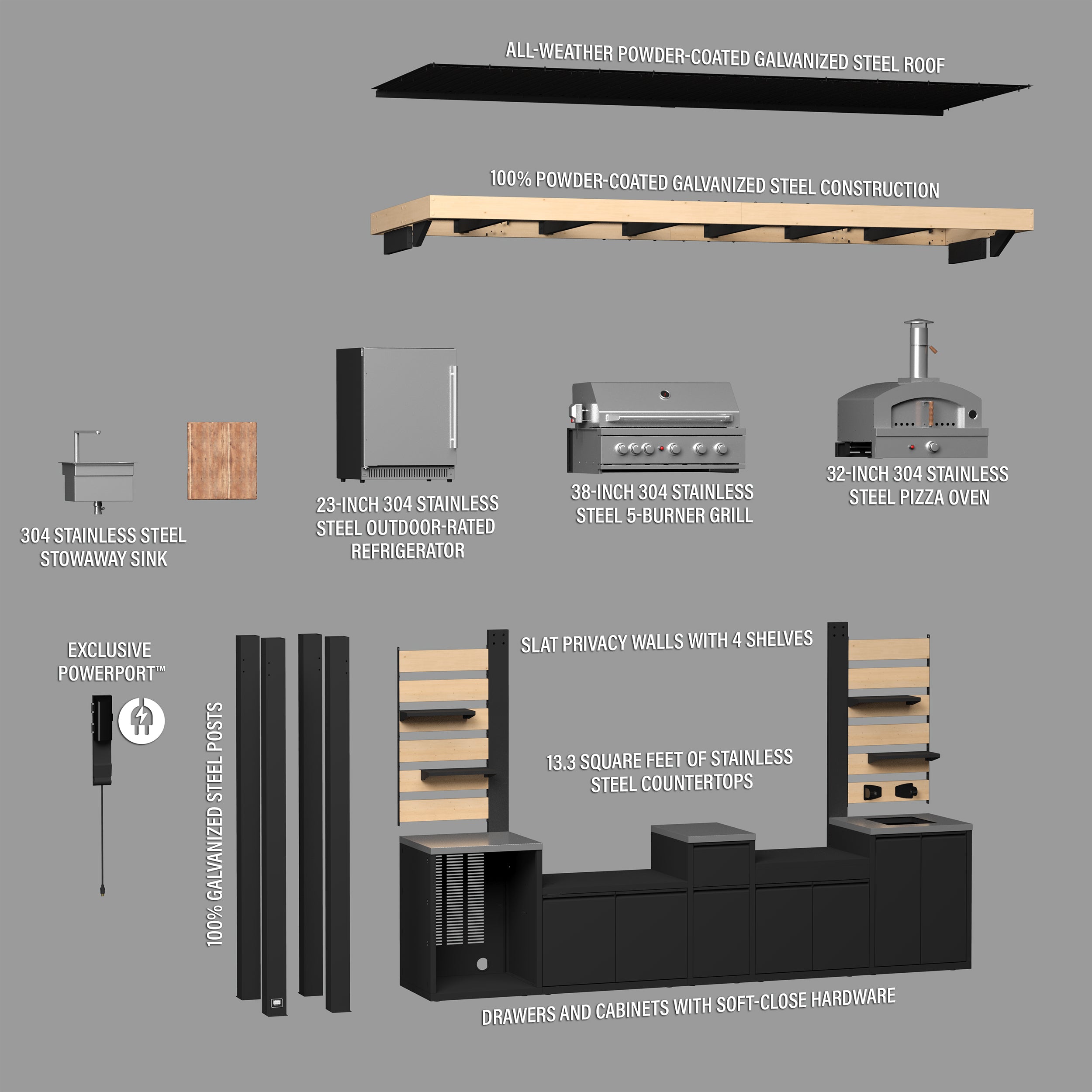 Fusion Flame 2 Outdoor Kitchen with Grill, Pizza Oven, and Refrigerator