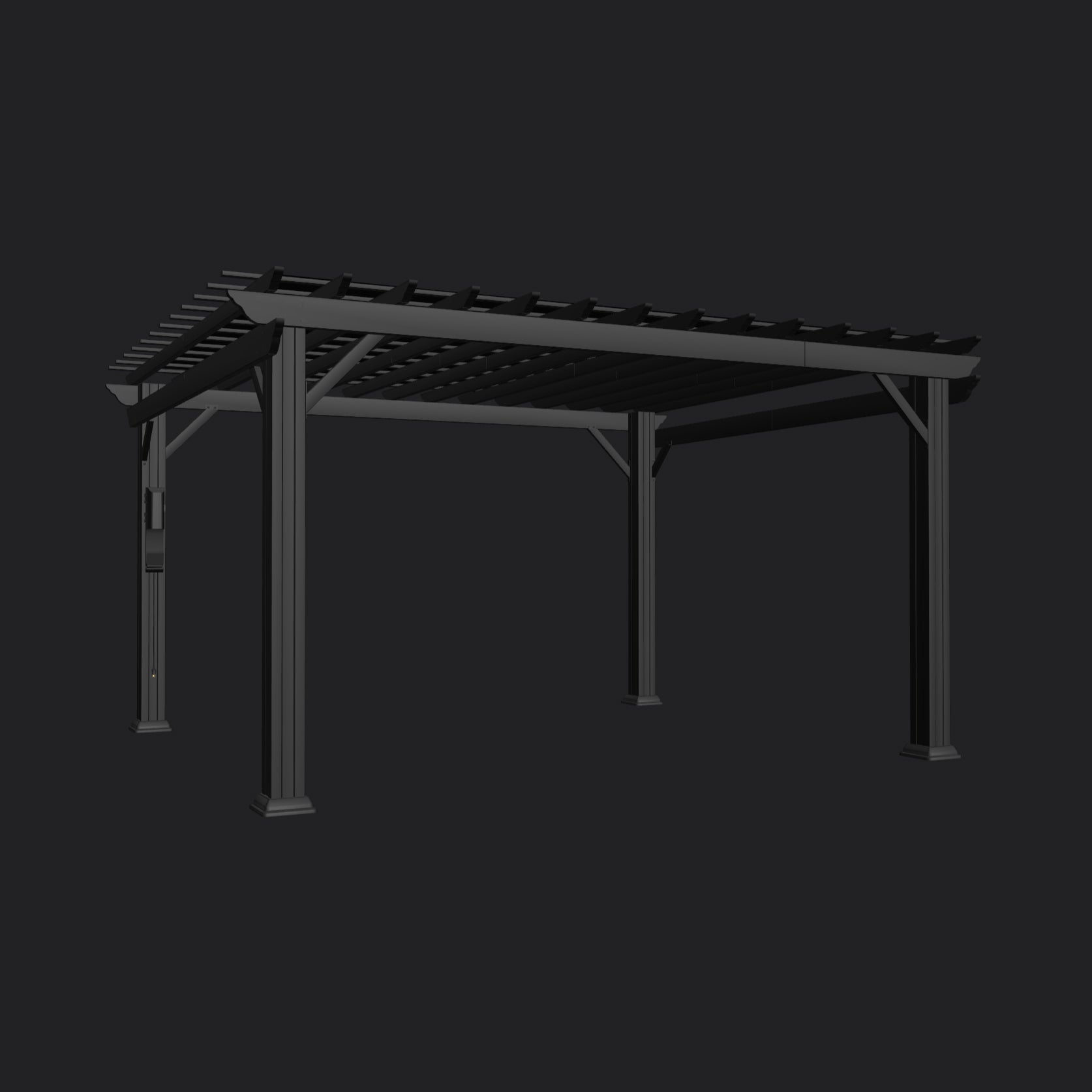 Black powder-coated steel Range Outdoor Living Stratford pergola with slatted trellis roof and four posts.