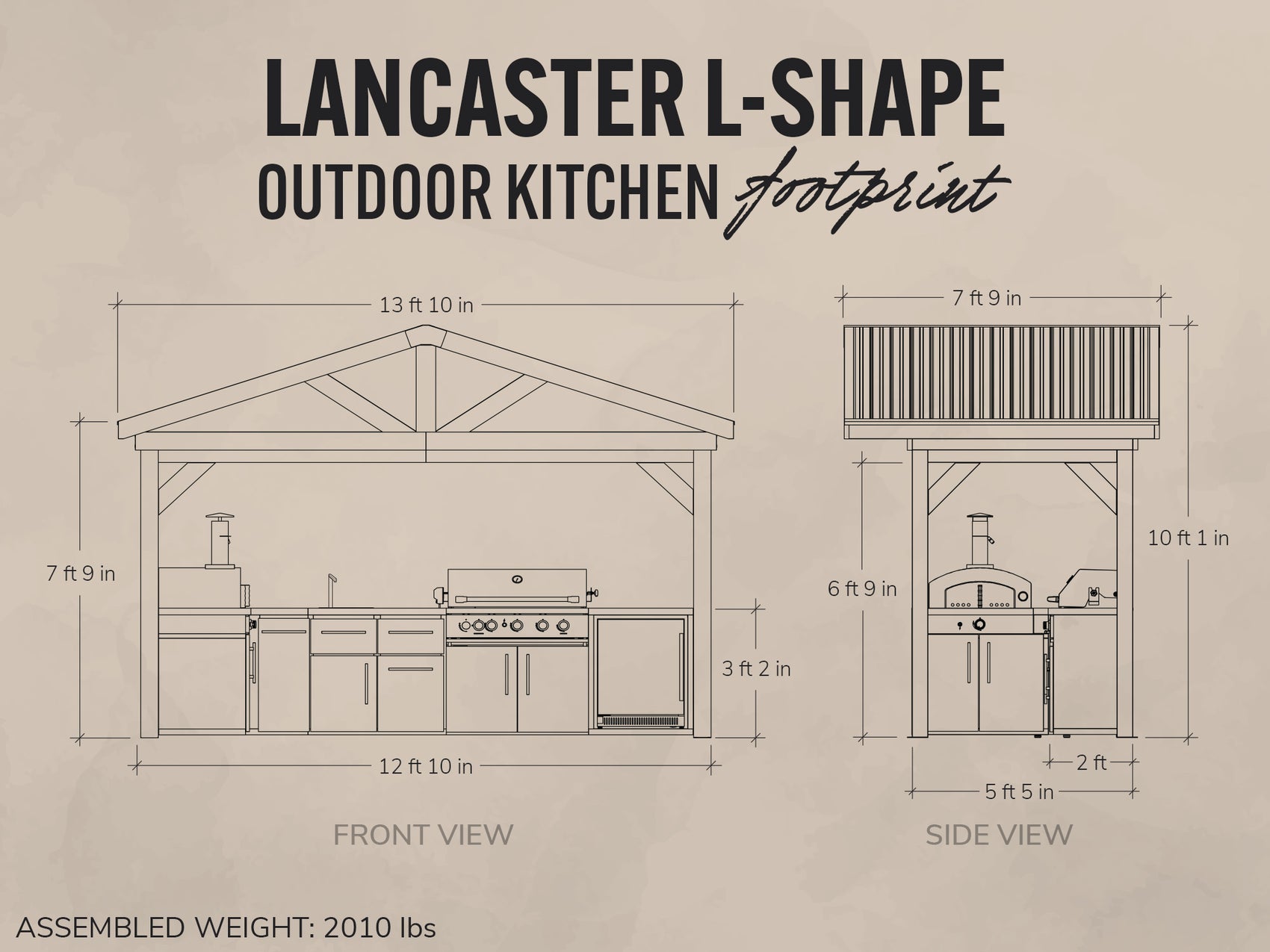 Diagram of a Lancaster L-Shape outdoor kitchen with dimensions on a beige background