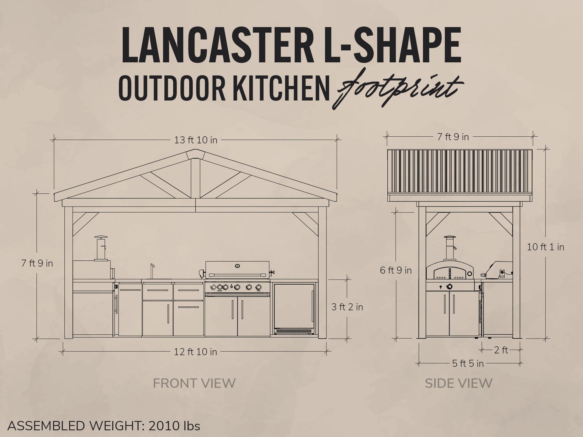 Diagram of a Lancaster L-Shape outdoor kitchen with dimensions on a beige background