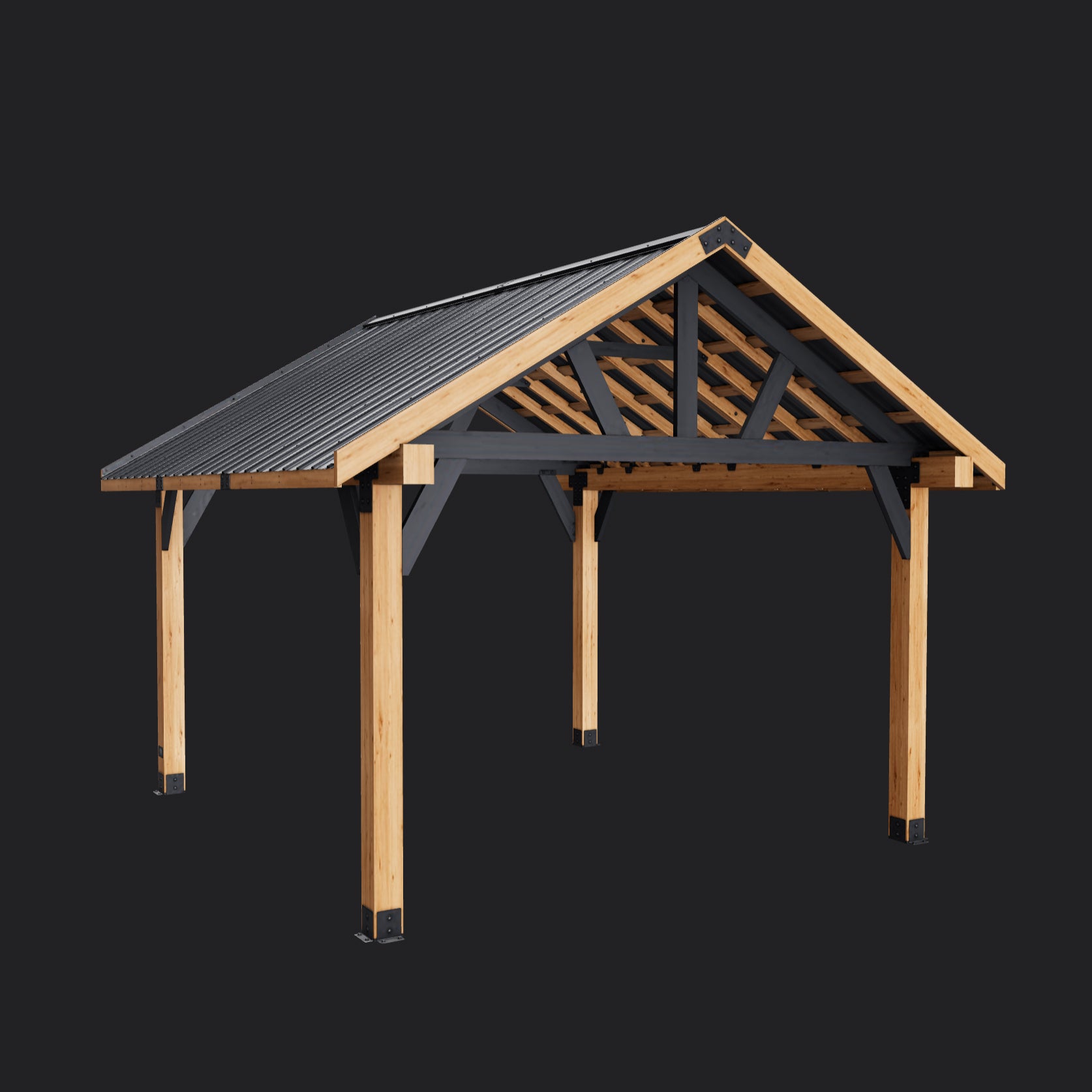 Freestanding Lodge gazebo with natural wood posts, black steel bracing, corrugated metal roof, and exposed truss design.