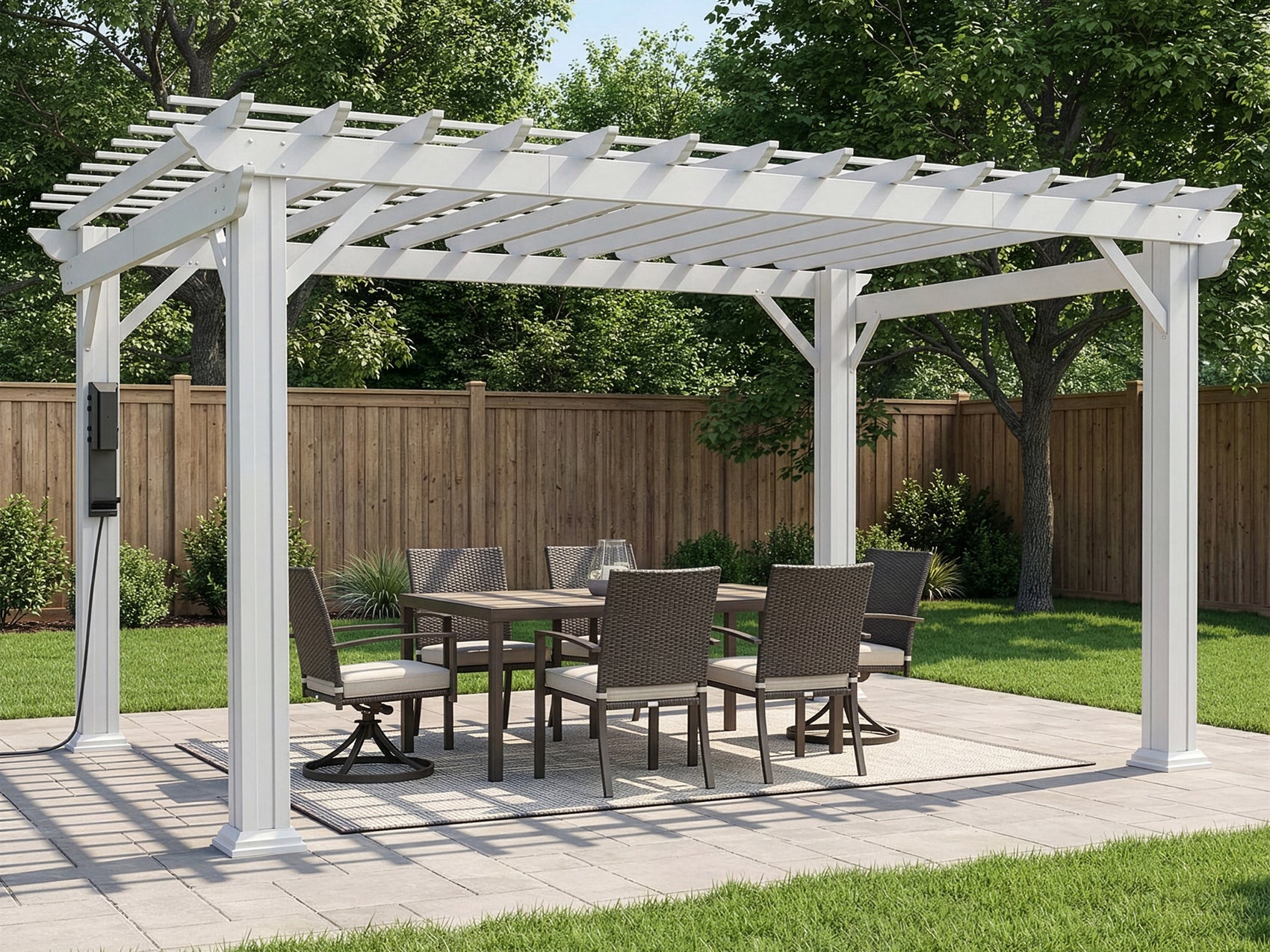 White vinyl pergola with open trellis roof sheltering outdoor dining area on patio beside wood privacy fence and green lawn.