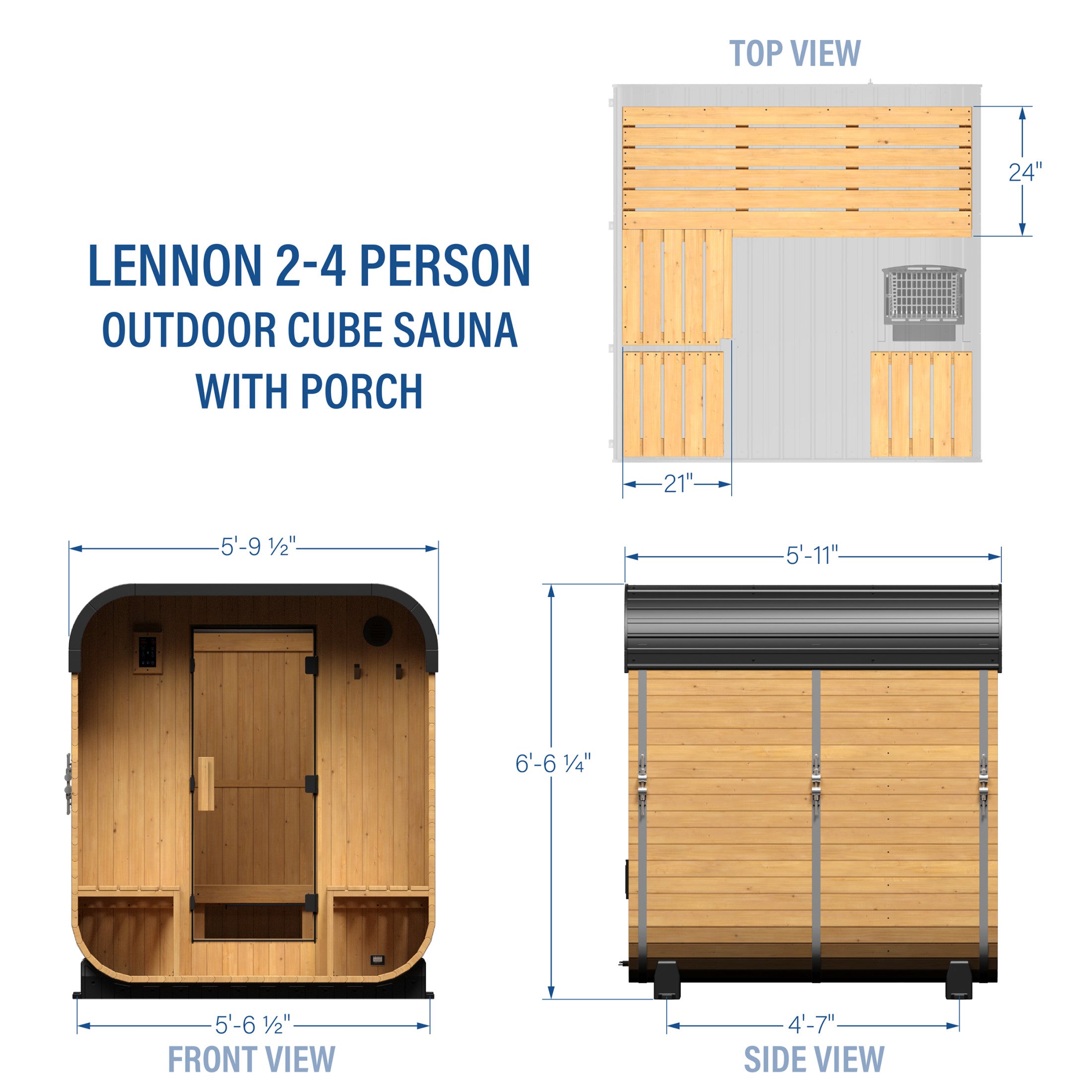 Dimension diagram of Lennon 2-4 person cube sauna with porch showing top and side views