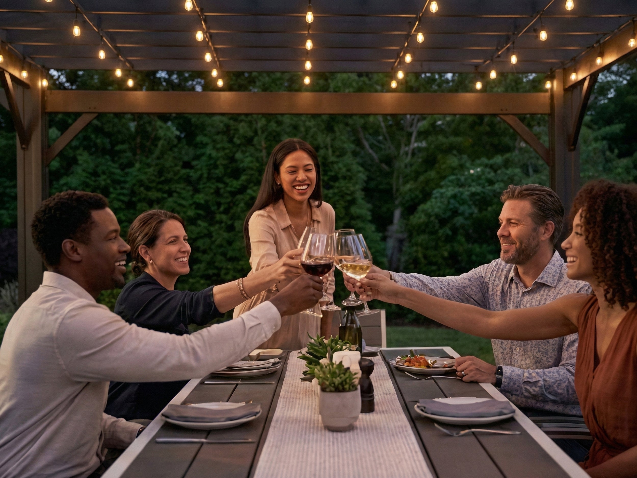 Friends toast with wine under Stratford steel pergola with string lights providing patio shade at outdoor dinner gathering.