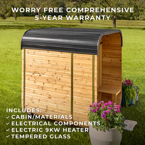Outdoor sauna kit with arched steel roof and cedar panel construction featuring built-in porch with benches