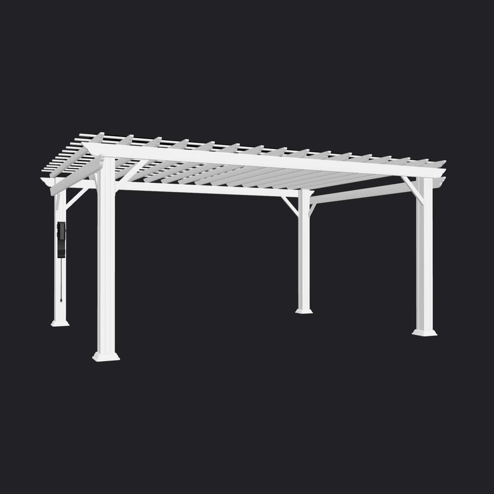 White powder-coated Stratford steel pergola with trellis roof and four support posts on dark background.