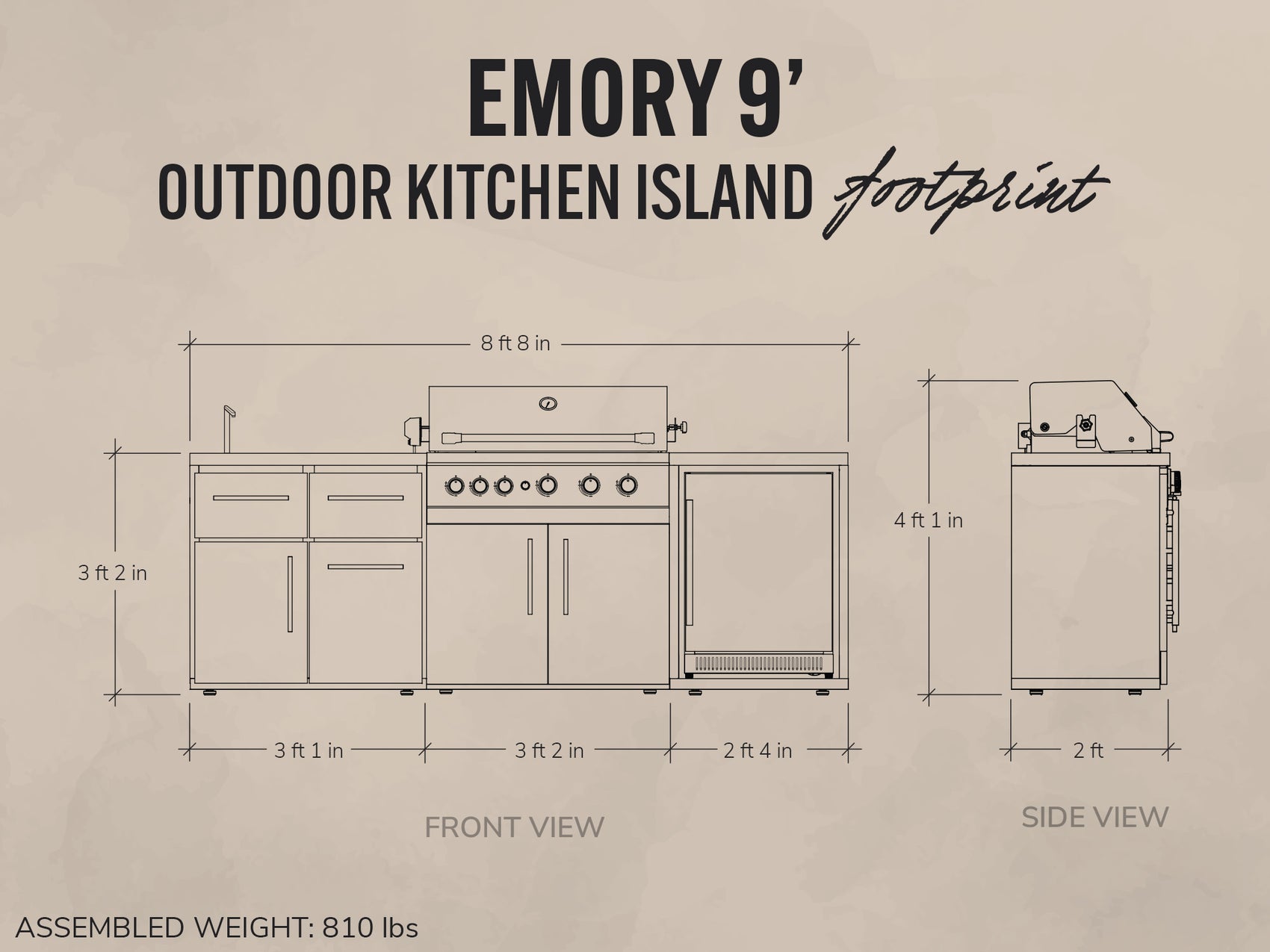 Diagram of an outdoor kitchen island with dimensions labeled on a beige background