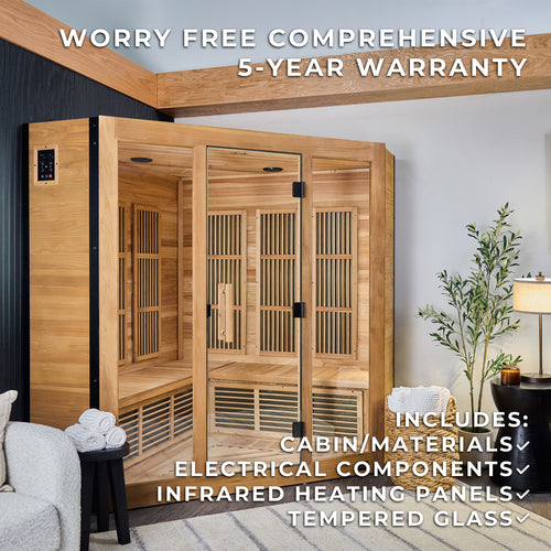 Rylan 4 person indoor infrared corner sauna with heating panels and digital controls in modern home