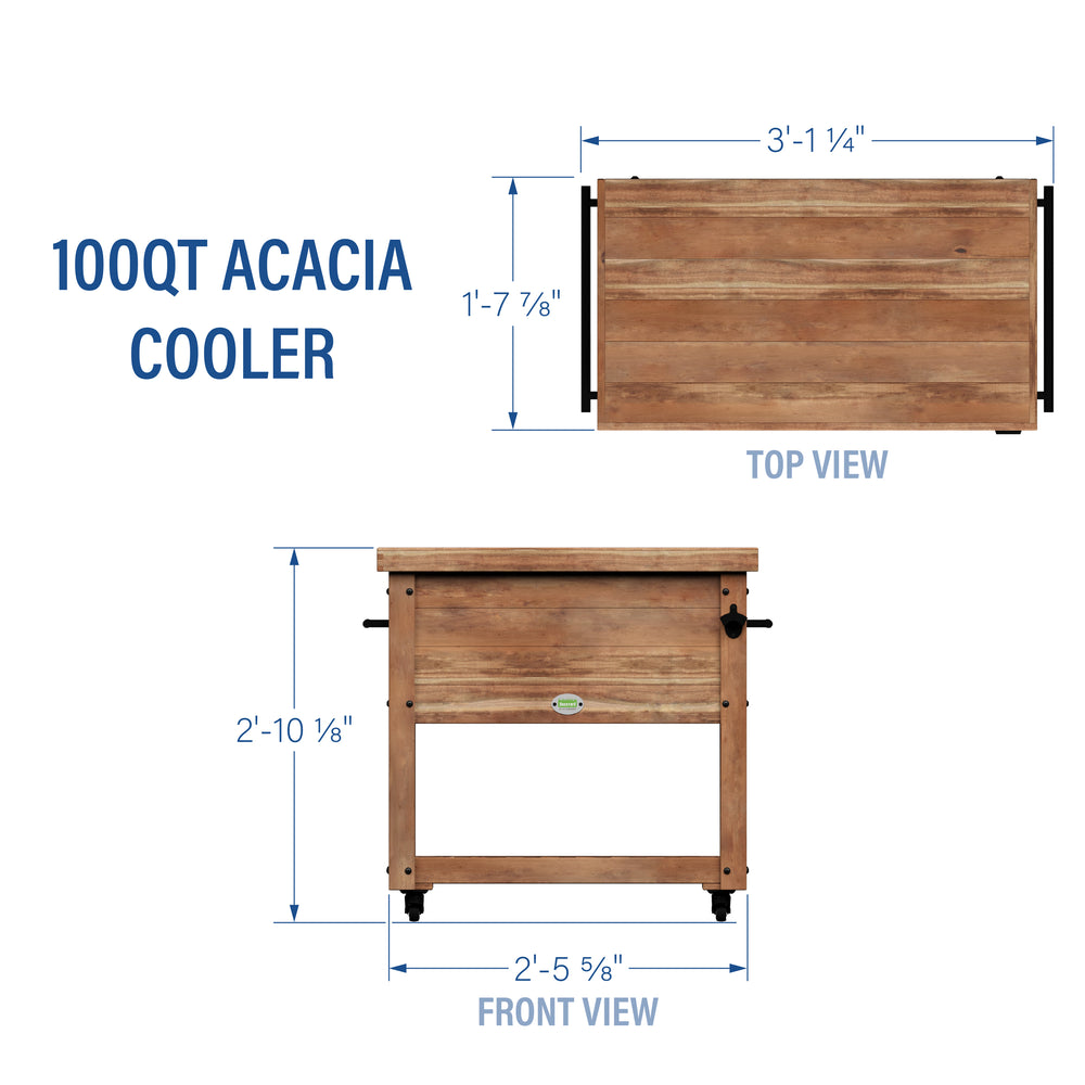 100 Quart Patio Cooler - Acacia - Dimensions
